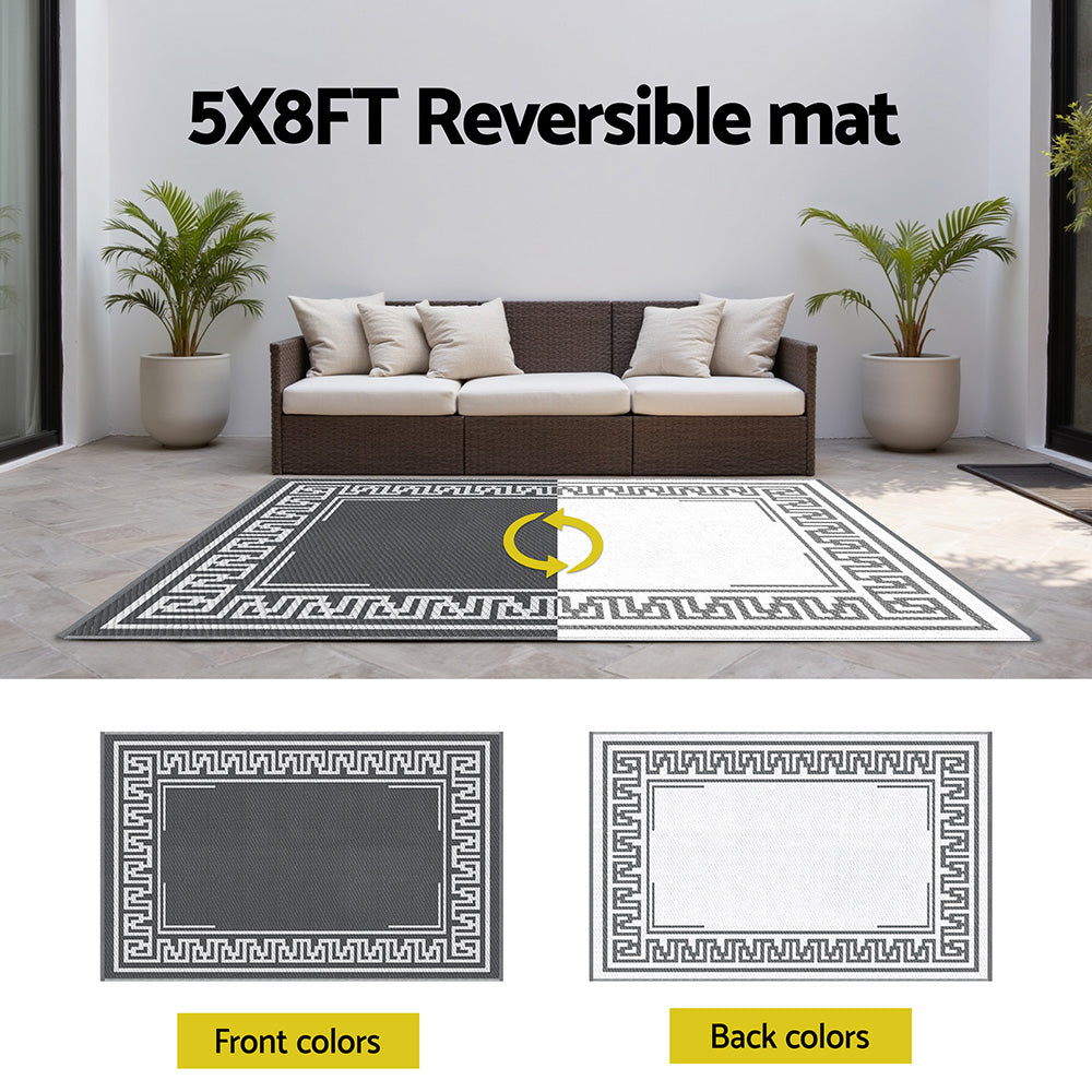 Outdoor Reversible Patio Rug – Weather-Resistant, 152x244cm, Grey Greek Key