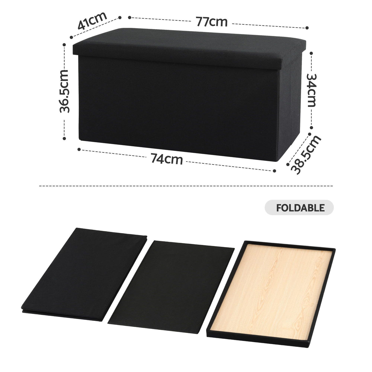 TWSC Storage Ottoman Bench Folding Blanket Box Toy Organiser Foot Stool Black
