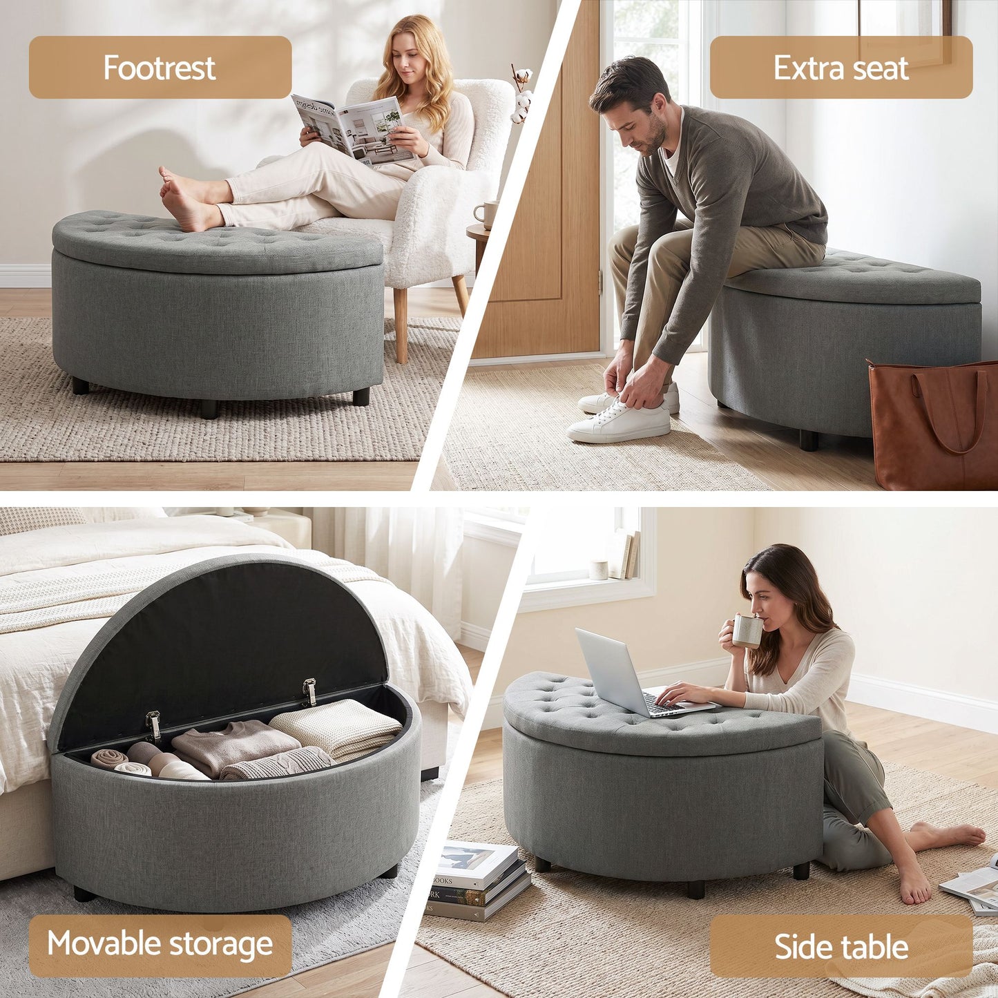 TWSC Storage Ottoman Bench Linen Fabric Tufted Half Round Footstool Grey
