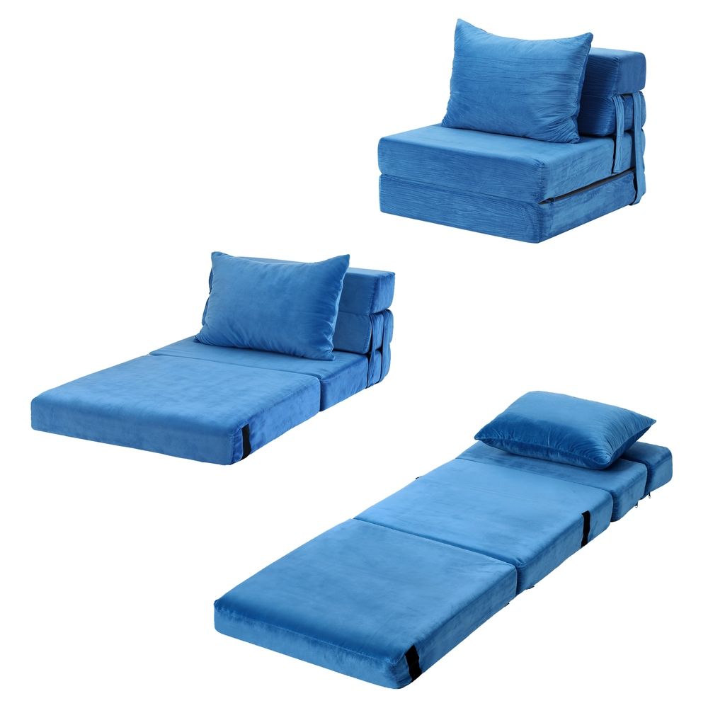 Convertible Folding Sofa Bed – Velvet Foam Floor Lounger with Pillow, Blue