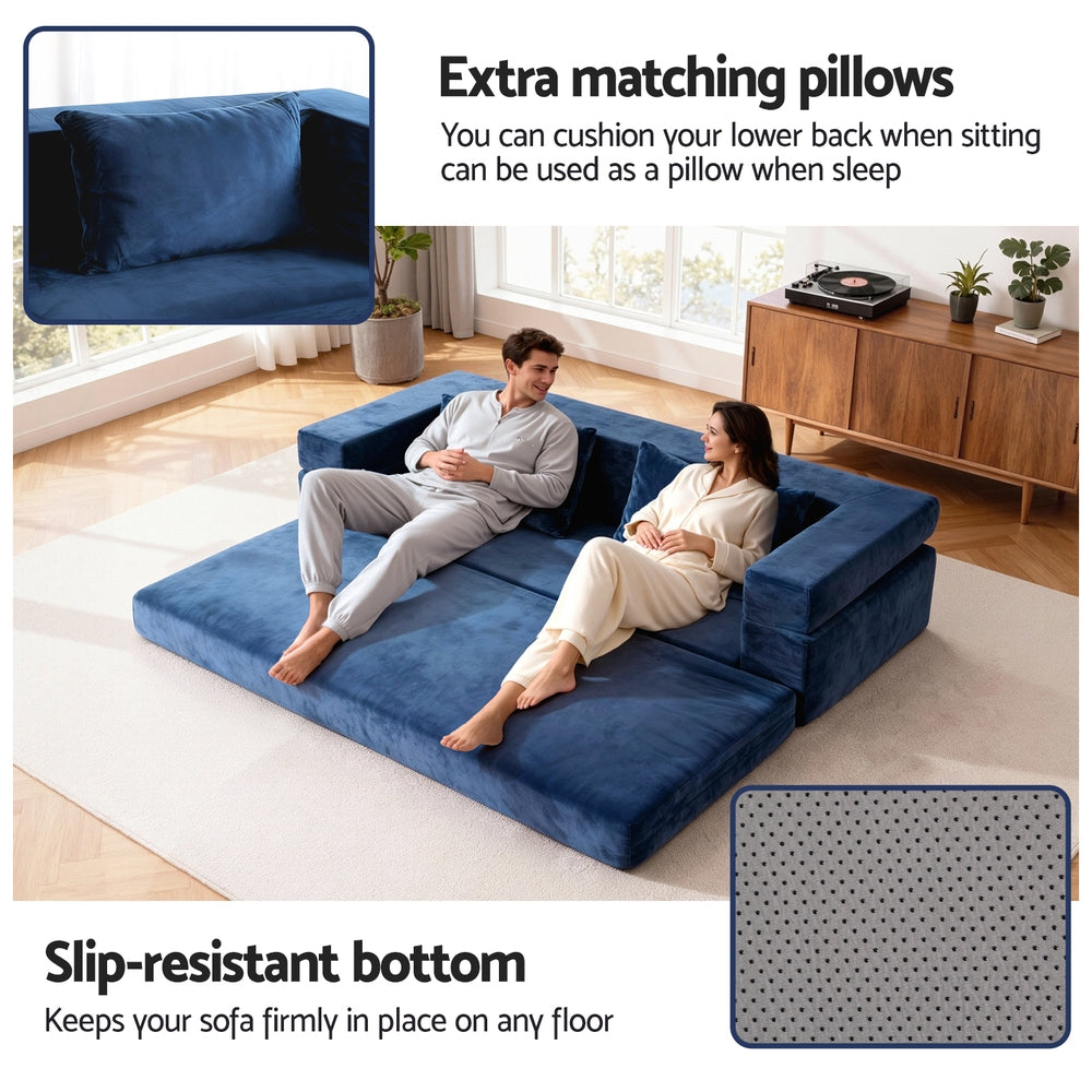 Convertible Folding Sofa Bed – Velvet Fabric, Blue, 3-in-1 Lounge Couch with Pillows