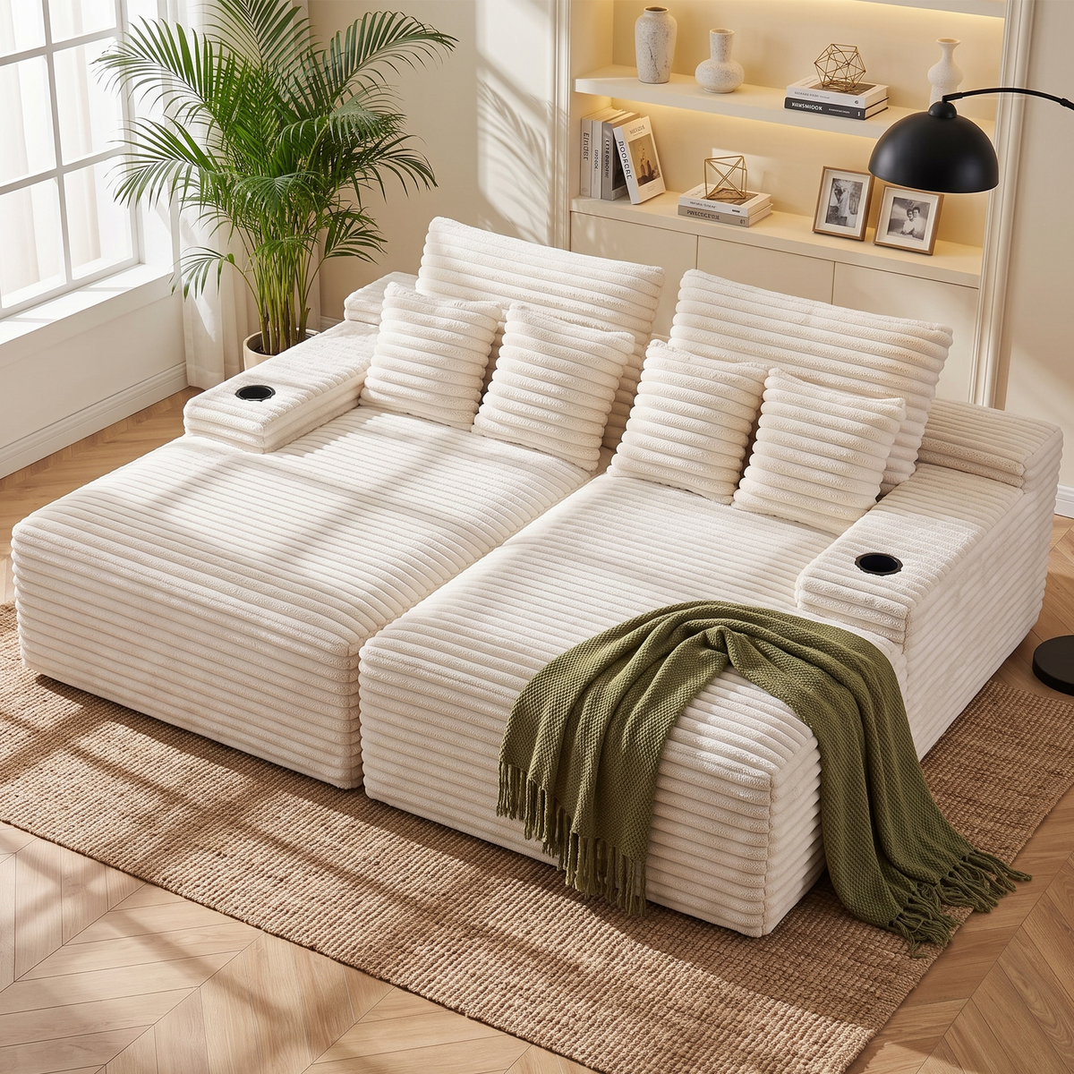 TWSC Double Chaise Lounge Sofa 2-Seater Modular Sofa Lounge Chair Couch Beige