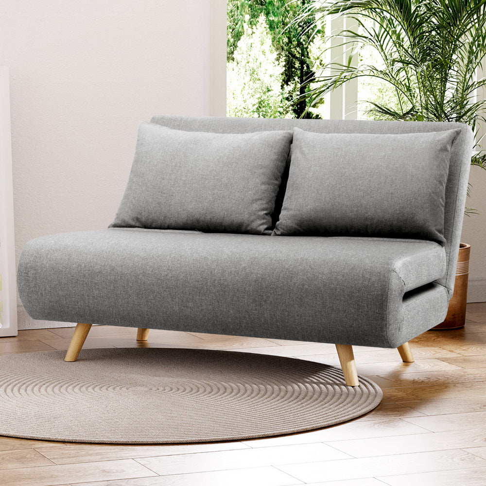 Sofa Bed 2-Seater – Convertible Recliner, Grey Linen Upholstery