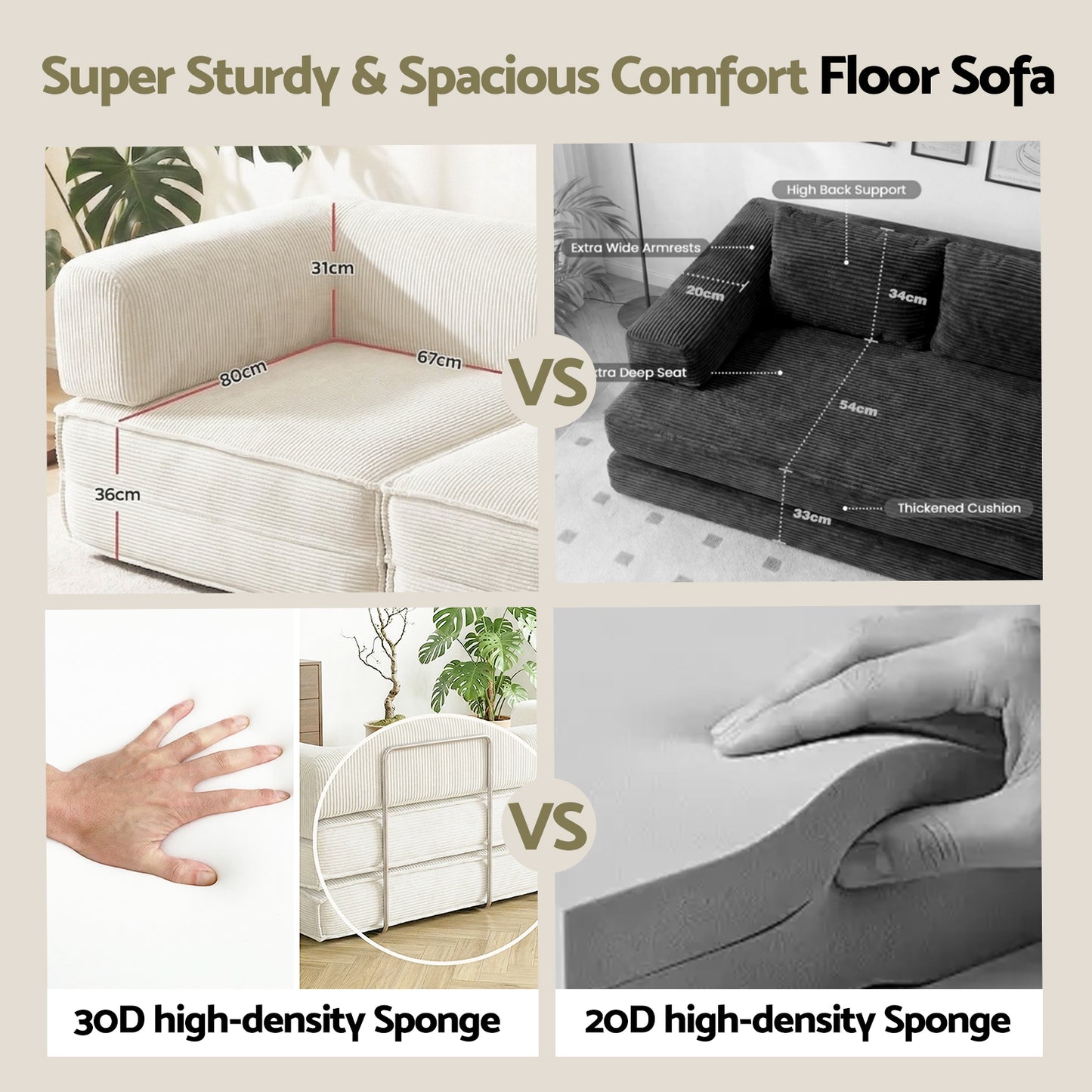 Convertible Folding Sofa Bed – Corduroy, Steel Frame, 180cm