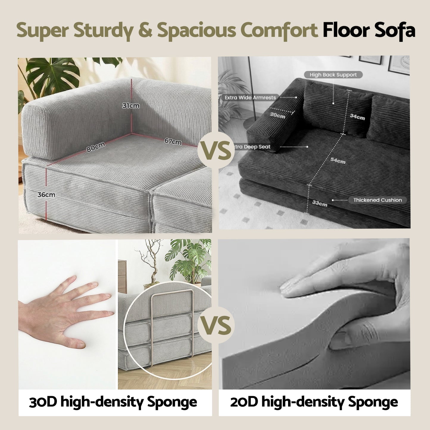 Convertible Folding Sofa Bed – Grey Corduroy, Steel Frame