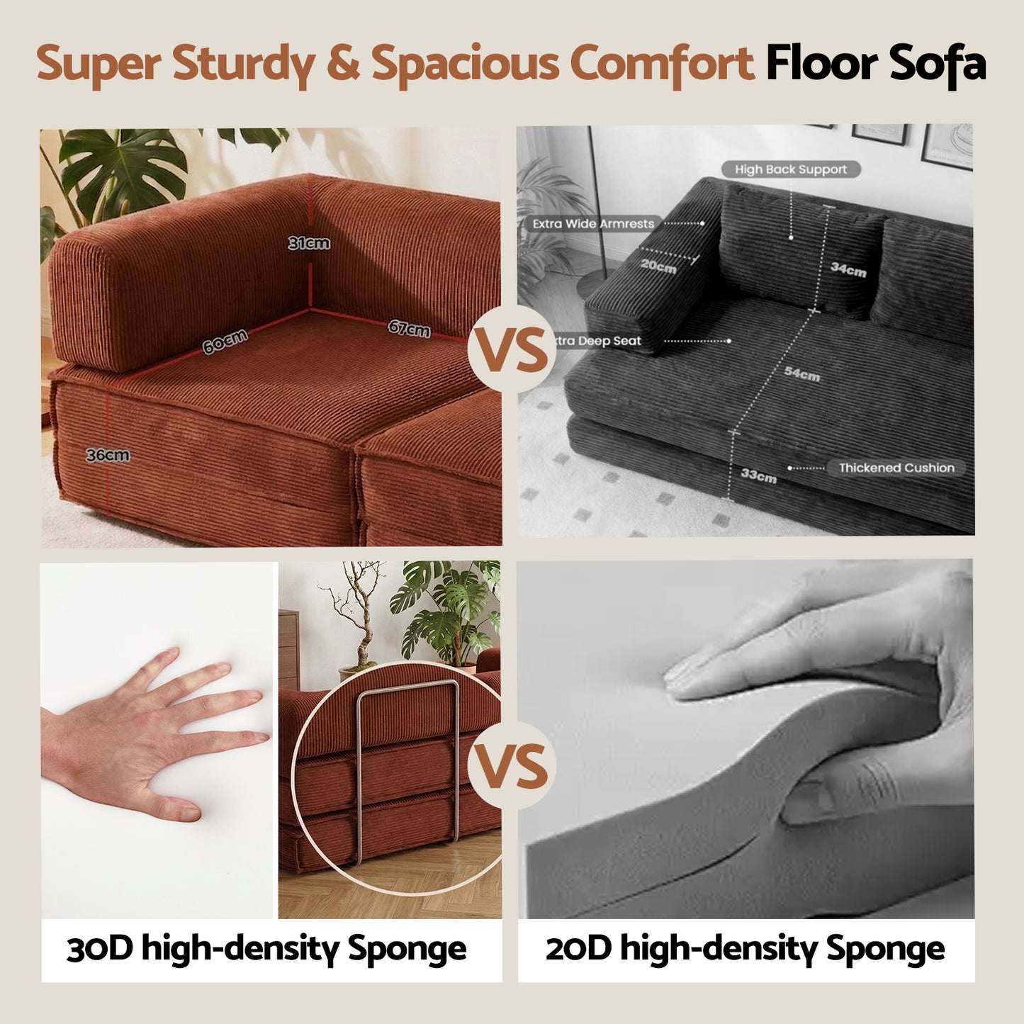 Convertible Folding Sofa Bed – Orange Corduroy, Steel Frame