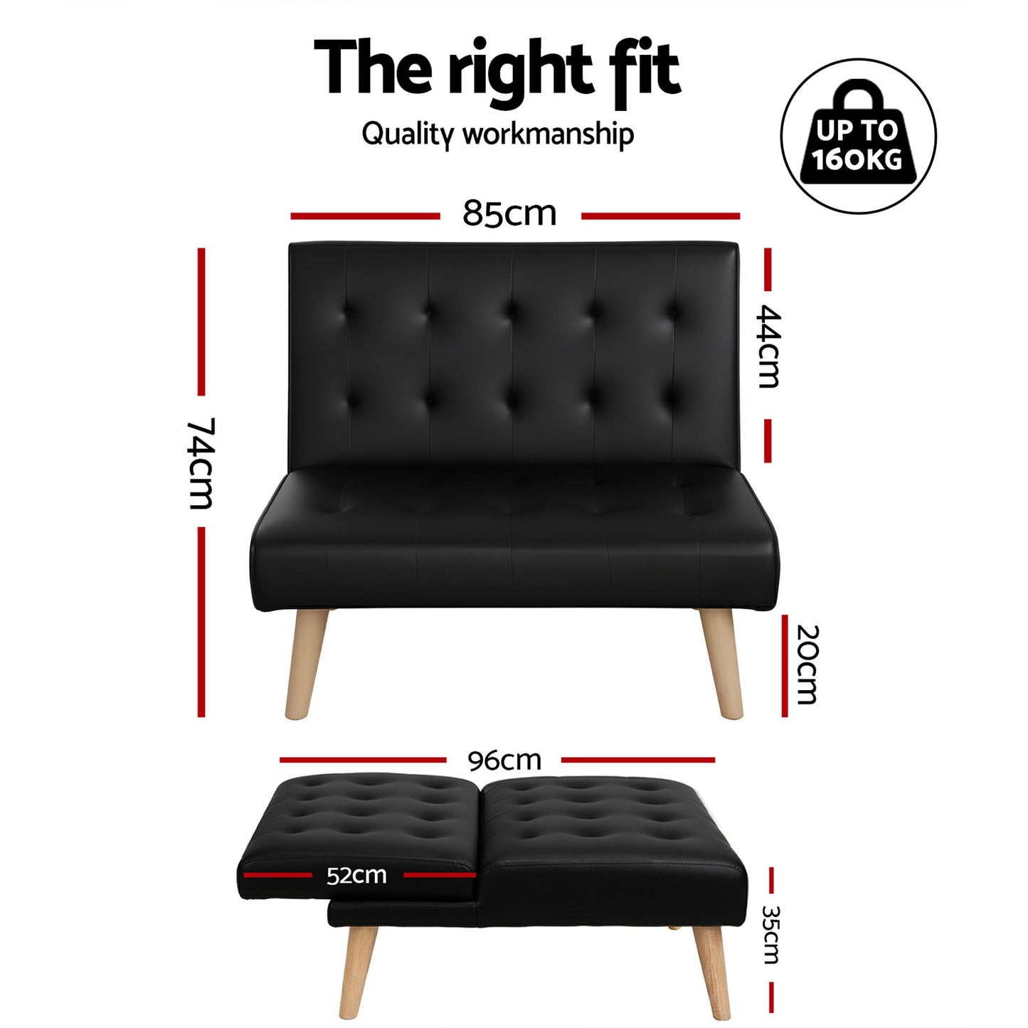 TWSC Sofa Bed Couch 1 Seater Lounge Fabric Black