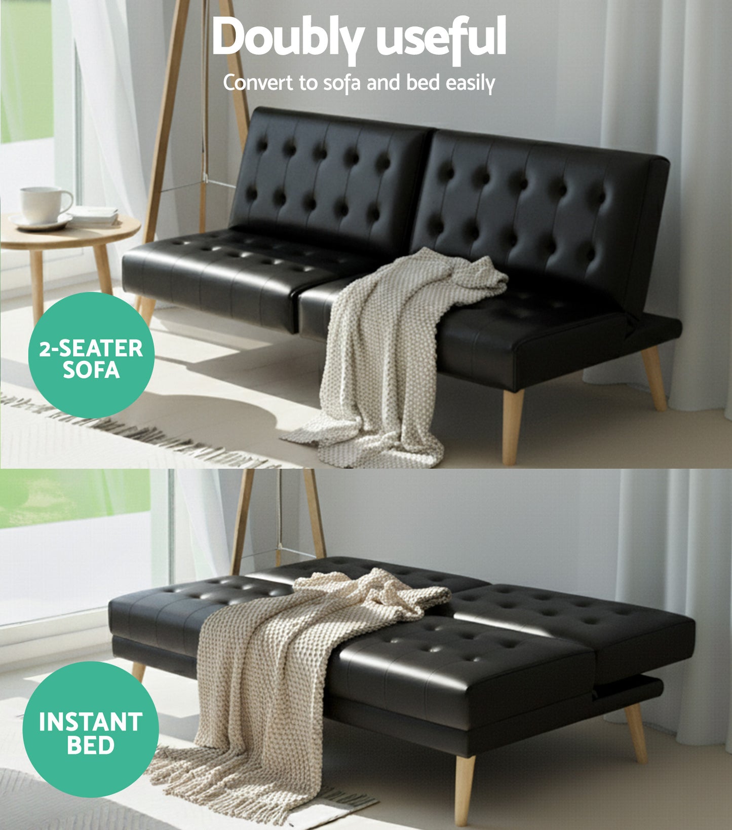 TWSC Sofa Bed Couch 1 Seater Lounge Fabric Black
