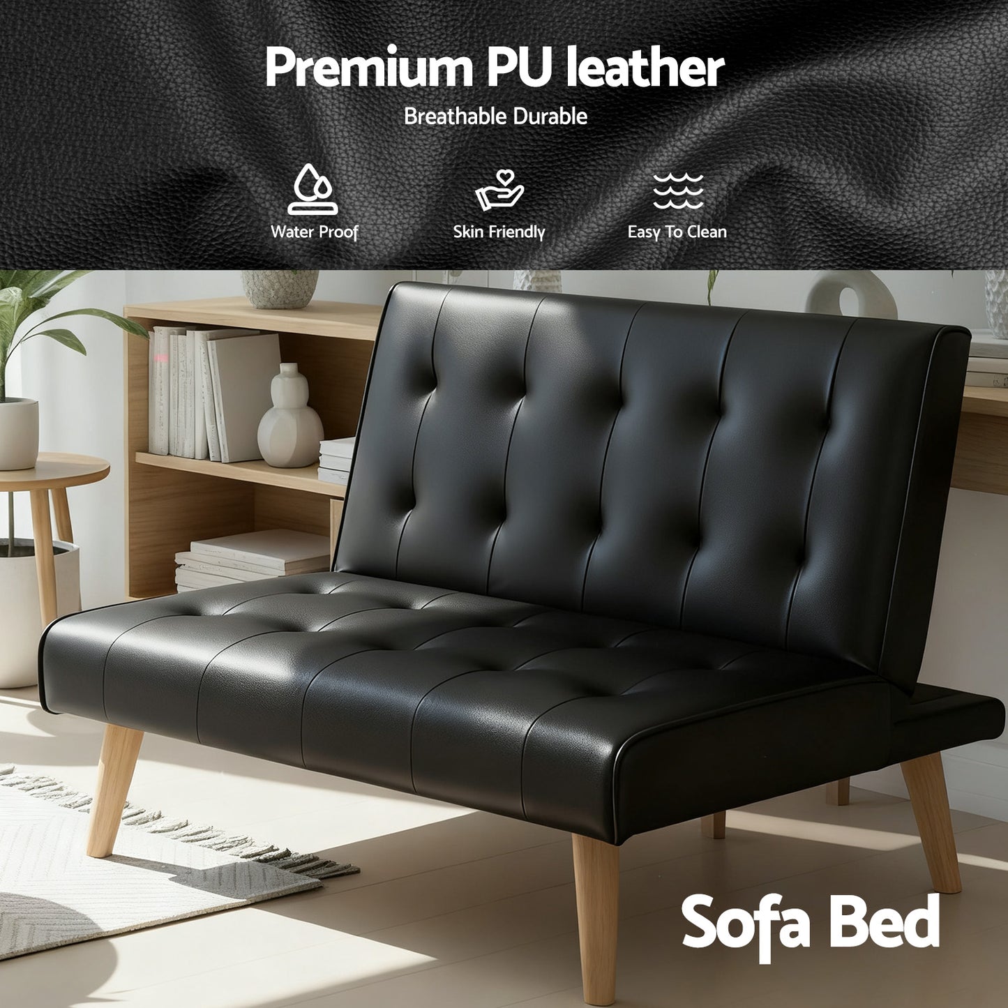 TWSC Sofa Bed Couch 1 Seater Lounge Fabric Black