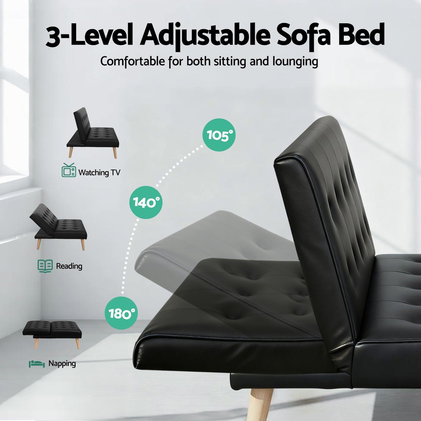 TWSC Sofa Bed Couch 1 Seater Lounge Fabric Black