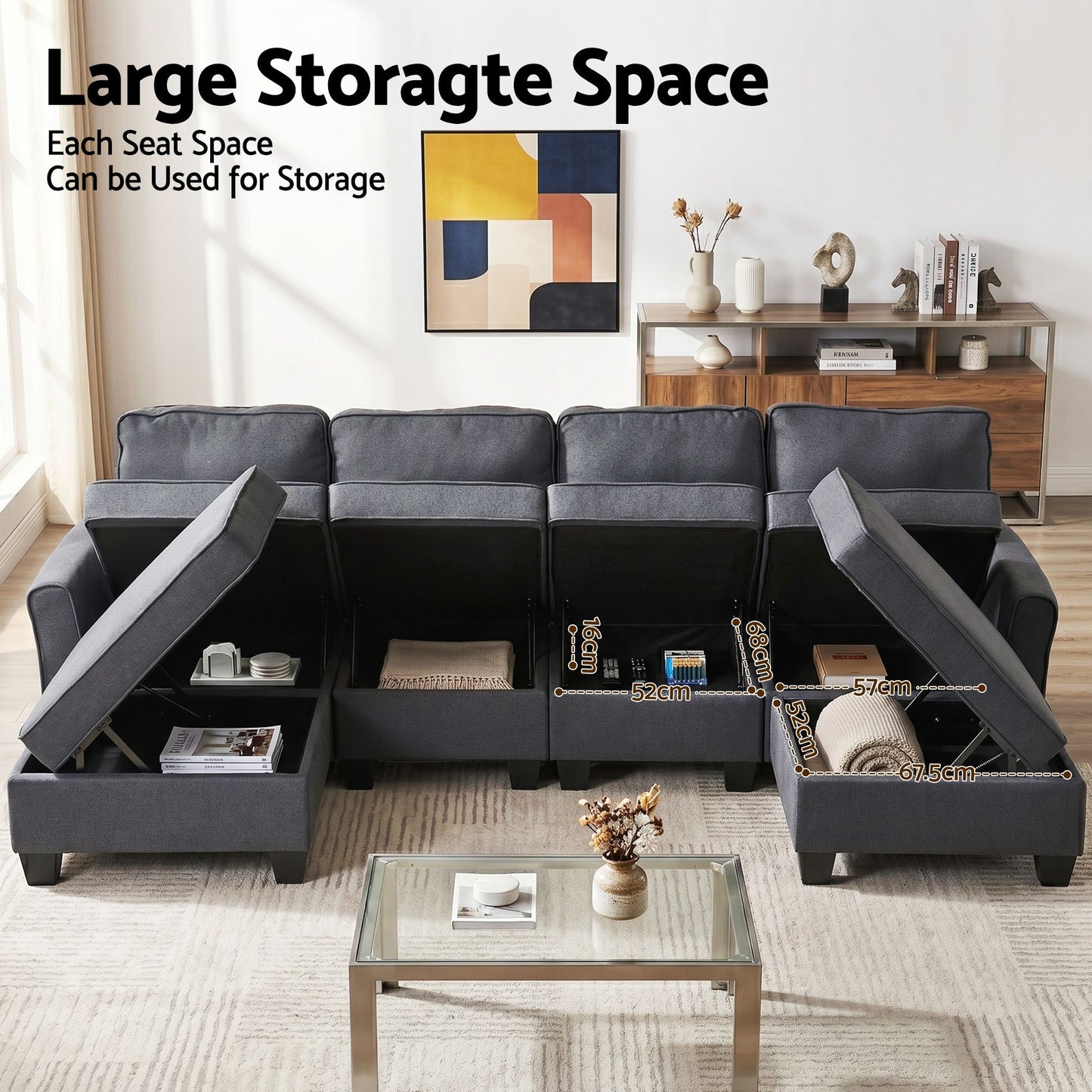 TWSC Modular Sectional U Shaped Storage Sofa Couches for Living Room Grey