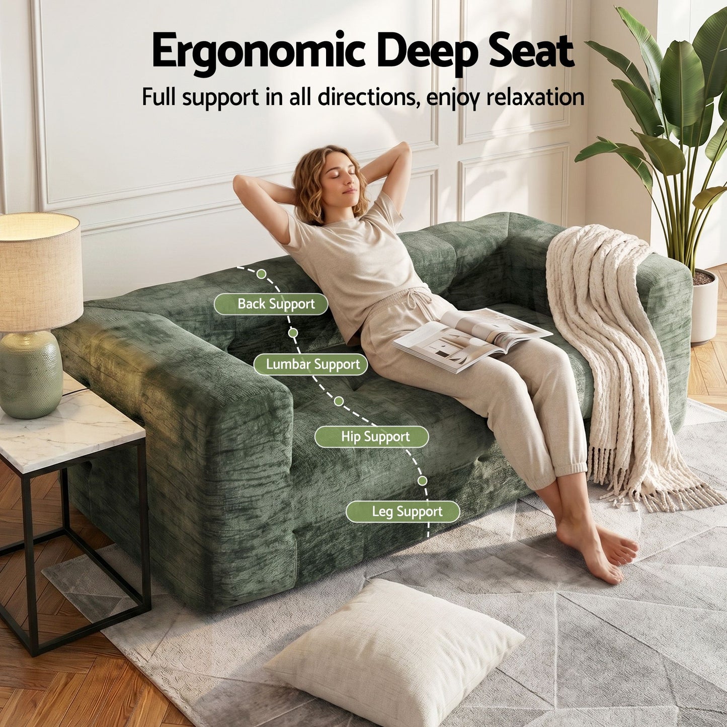 TWSC Comfort Boneless Sofa for Living Room Green Luxury Chenille