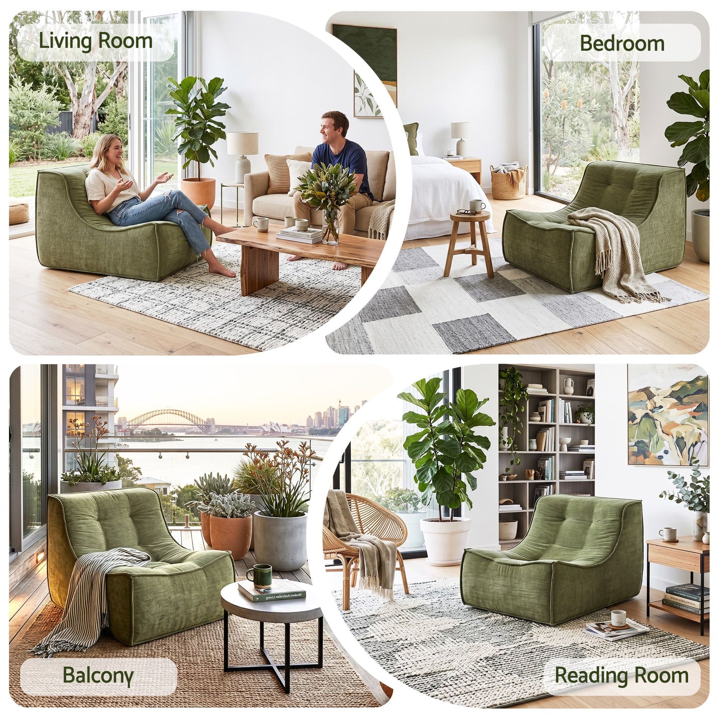 TWSC Floor Sofa Armless Chenille No Assembly Removable Cover Green