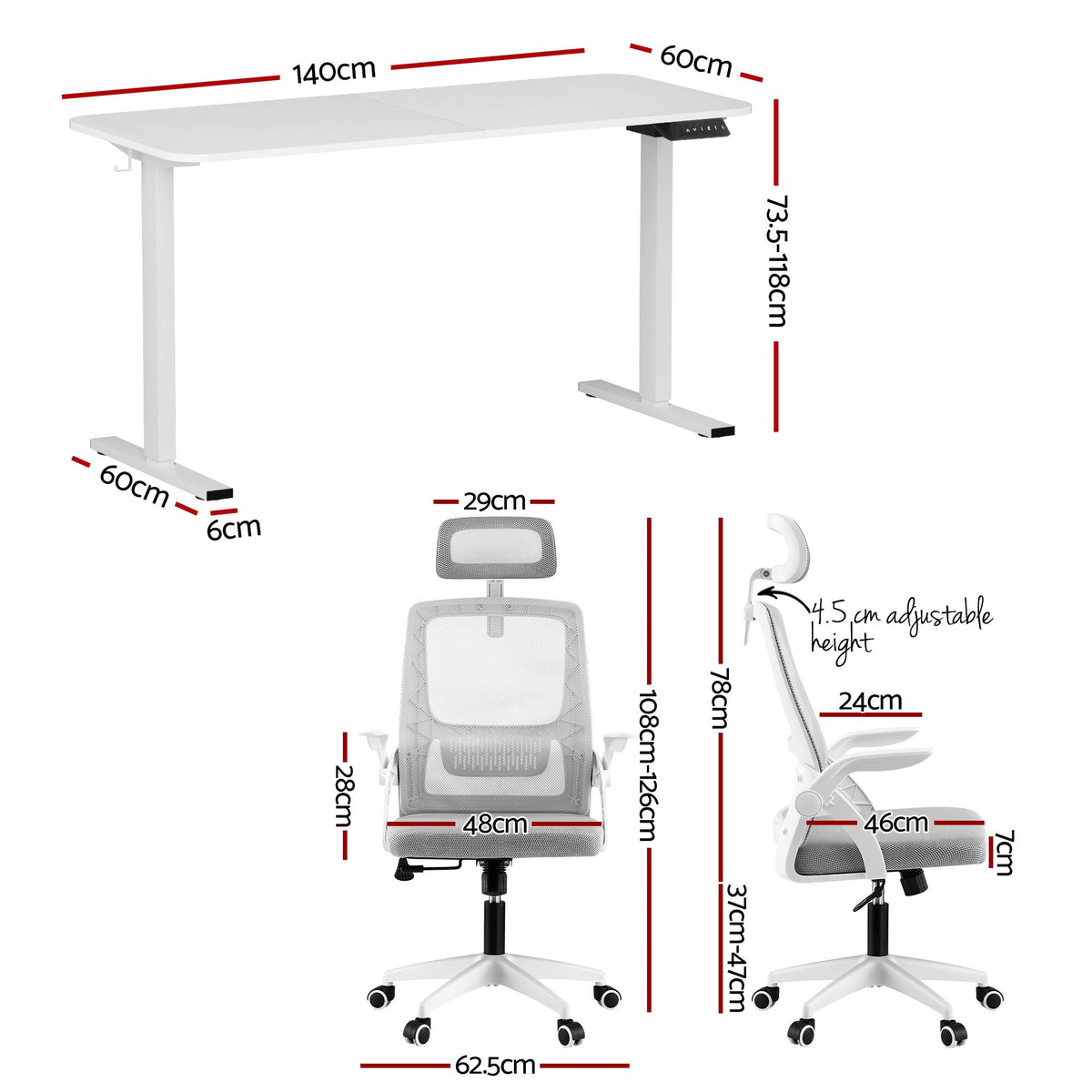 TWSC Standing Desk Office Chair Sit Stand Ergonomic Combo 140cm White
