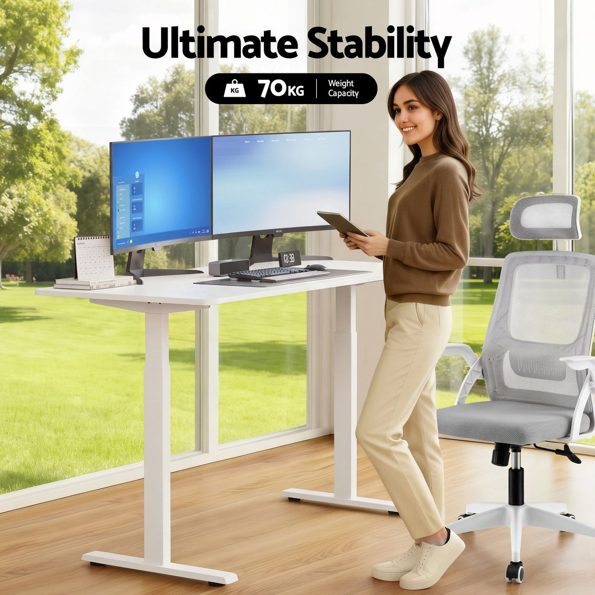 TWSC Standing Desk Office Chair Sit Stand Ergonomic Combo 140cm White