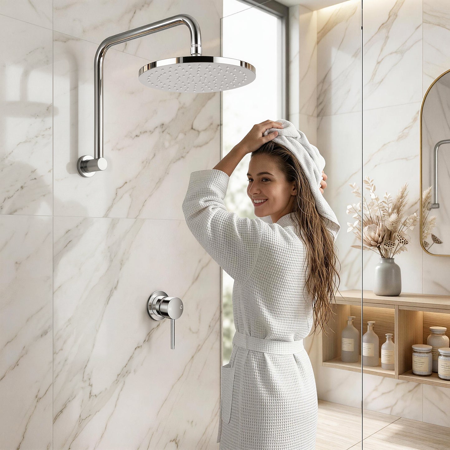 Rainfall Overhead Shower Head with Matte Black Wall Mixer – 8" Brass Design