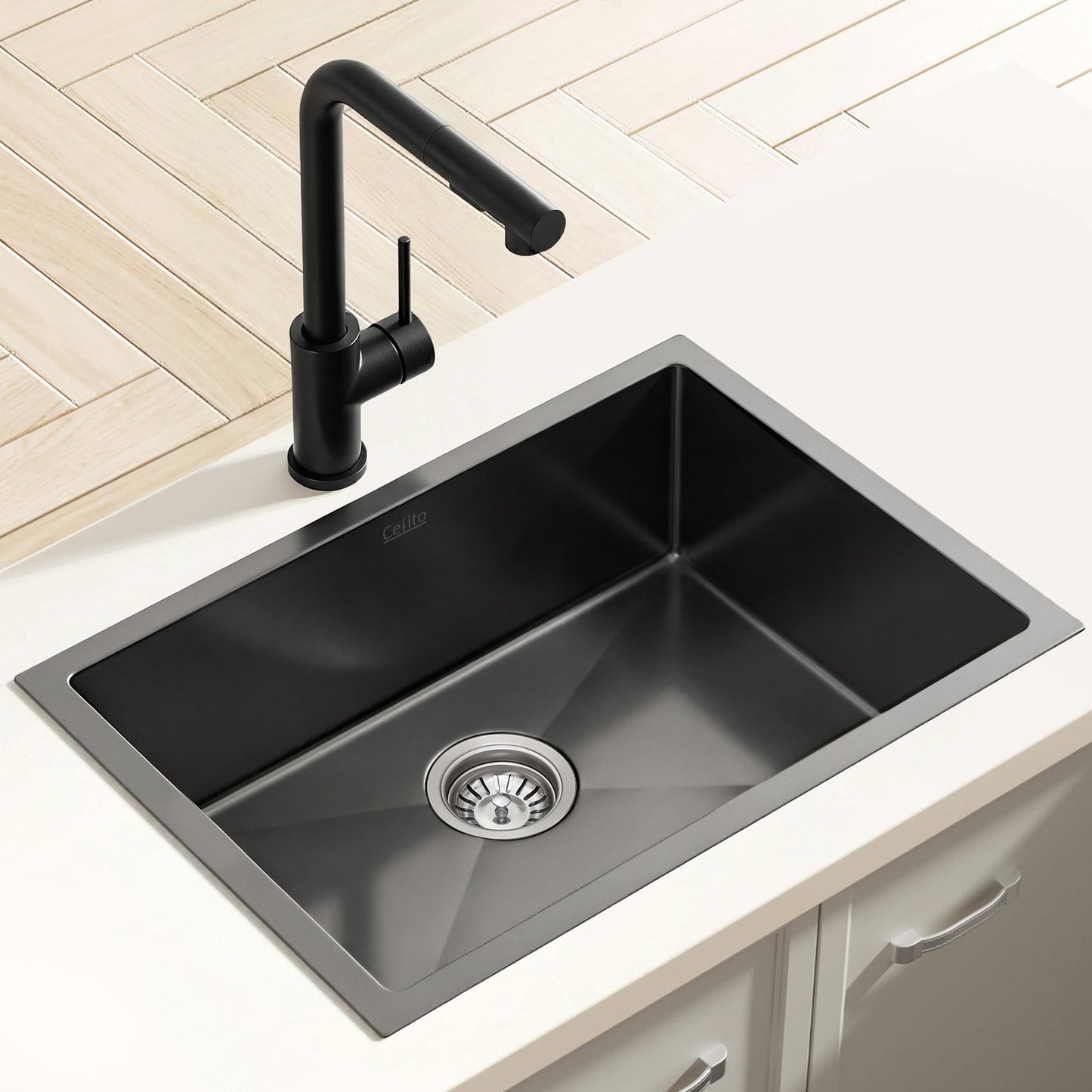 Stainless Steel Kitchen Sink with Pull-Out Mixer Tap – 30x45cm, Black