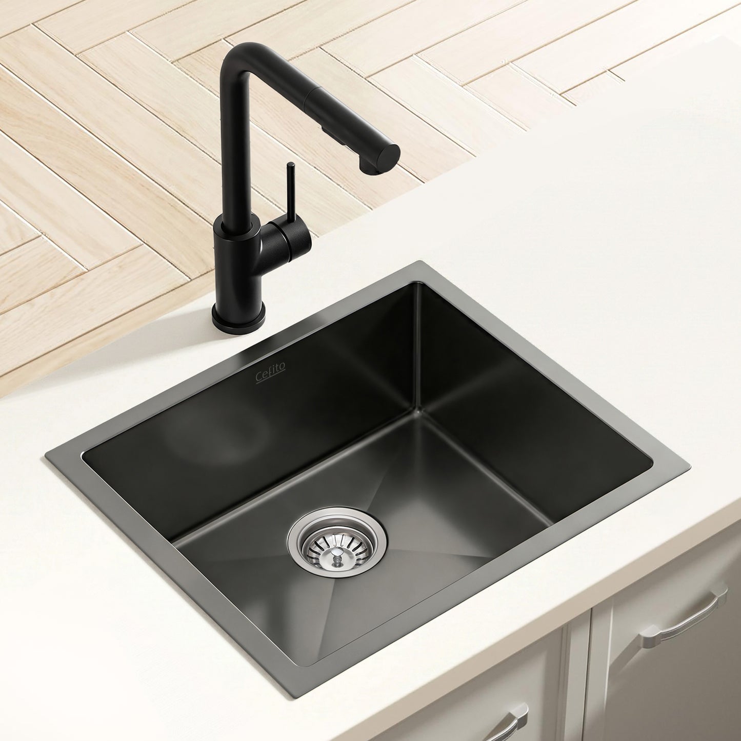 Stainless Steel Kitchen Sink with Pull-Out Mixer Tap – 44x44 cm, Black