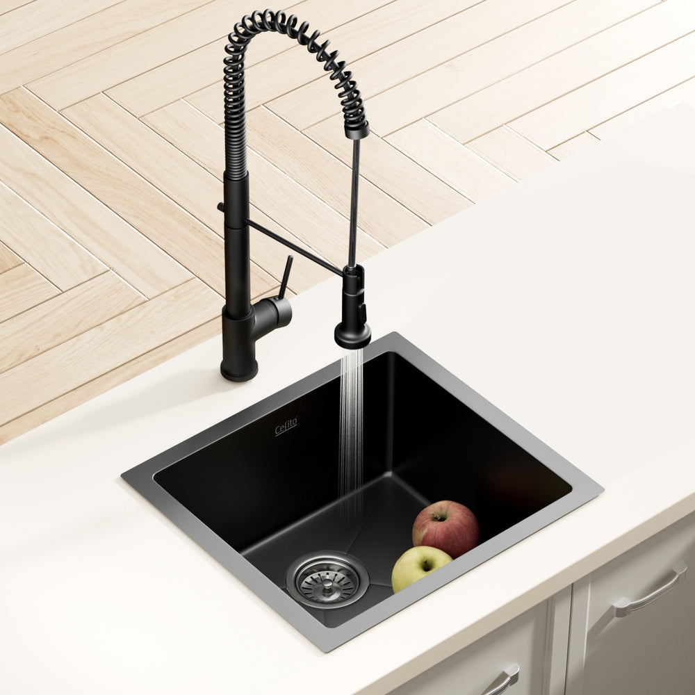 Stainless Steel Kitchen Sink with Pull-Out Mixer Tap – Single Bowl, 51x45cm, Black