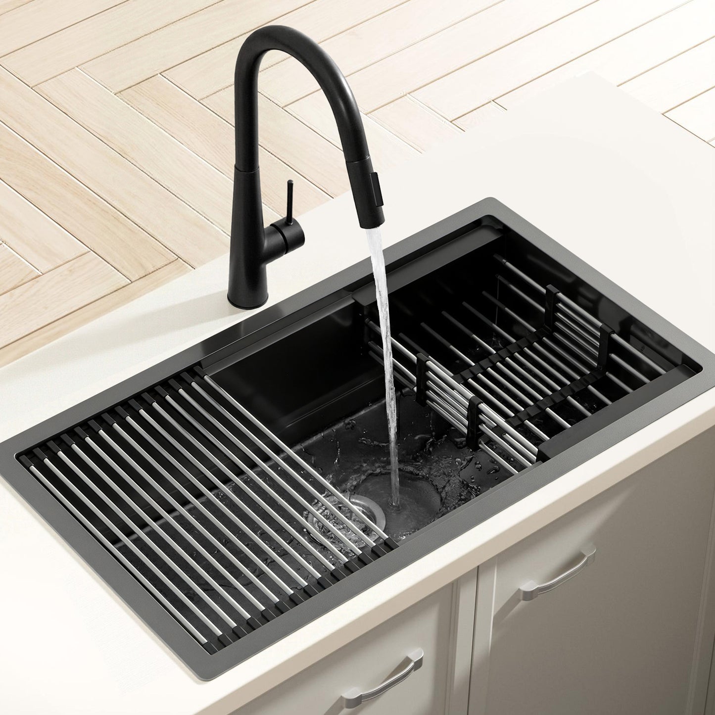 Stainless Steel Kitchen Sink with Pull-Out Mixer Tap – 70x45cm, Black