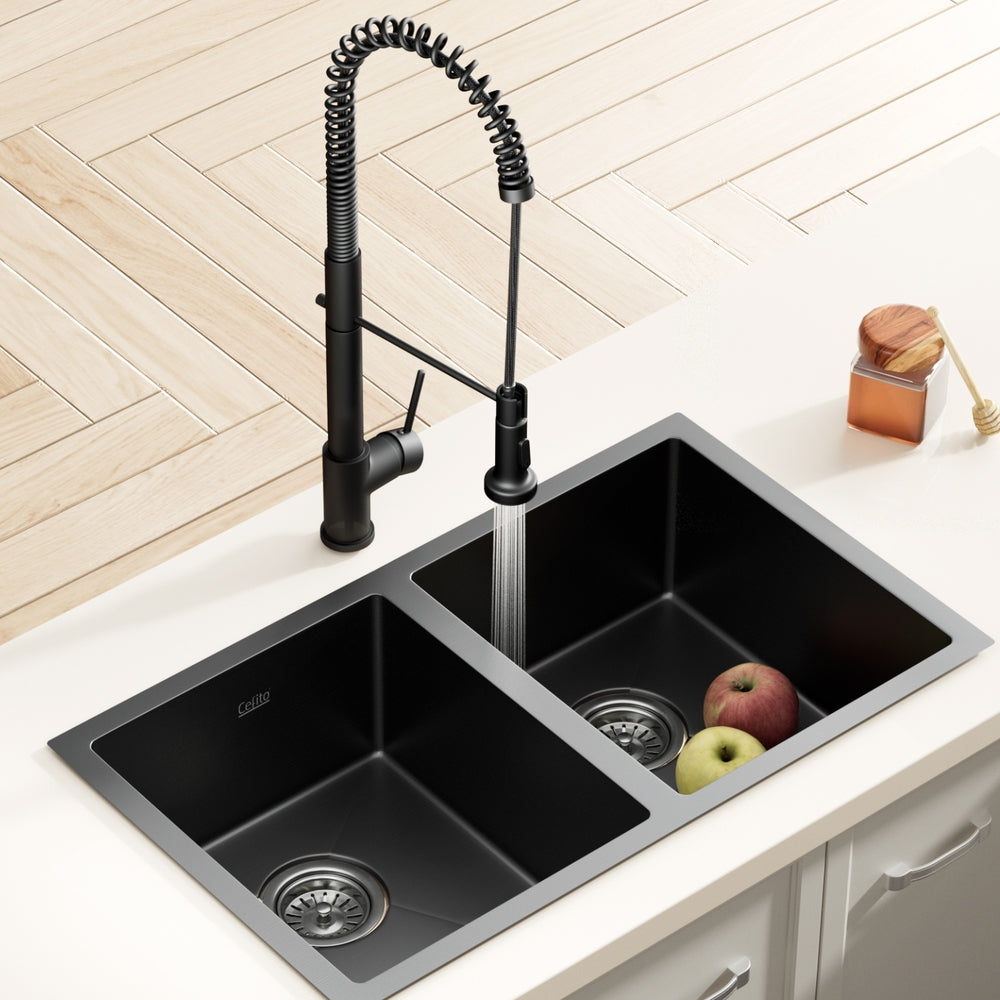 Stainless Steel Double Bowl Kitchen Sink with Pull-Out Black Mixer Tap, 77x45cm