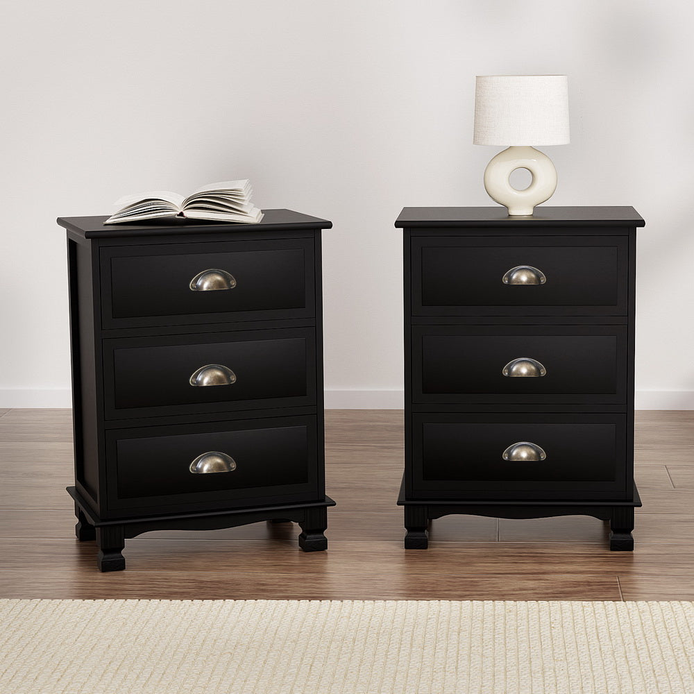 TWSC 2x Bedside Table 3 Drawers Vintage - THYME Black