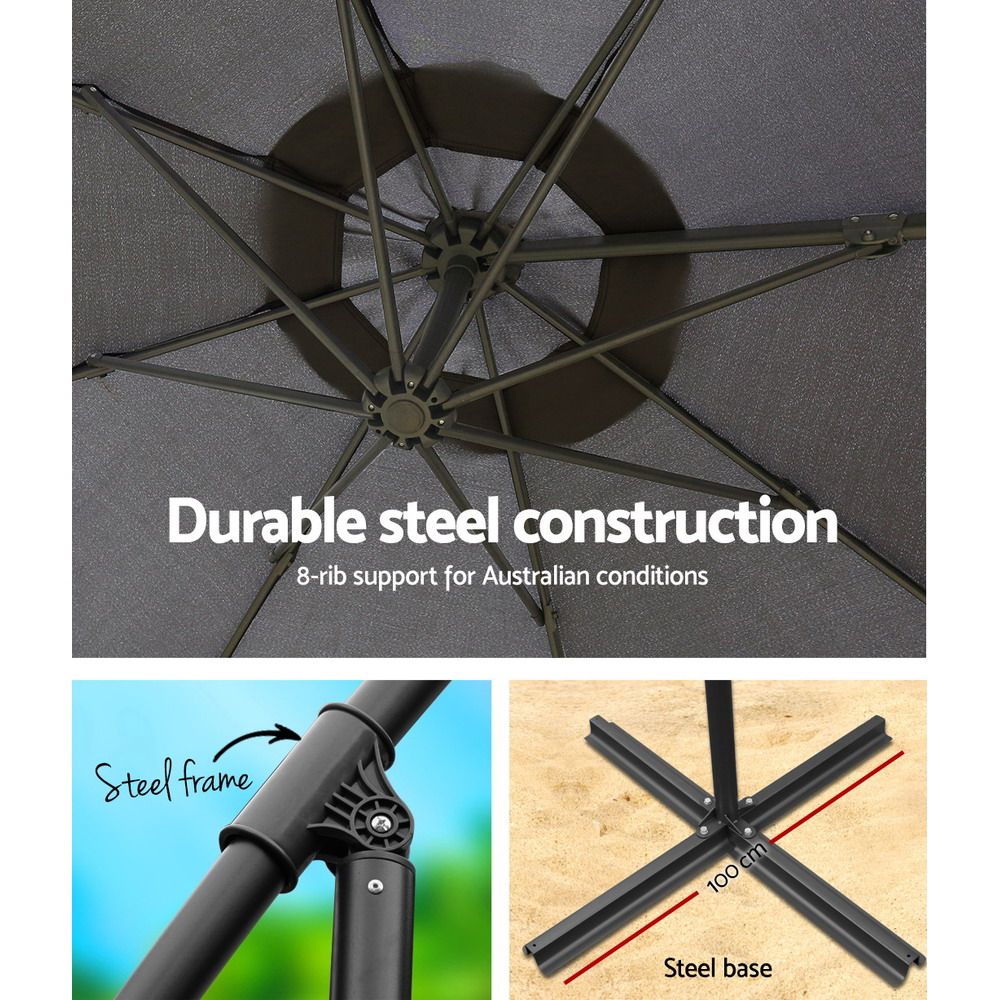 Outdoor Cantilever Umbrella – 3m Charcoal Patio Beach Shade