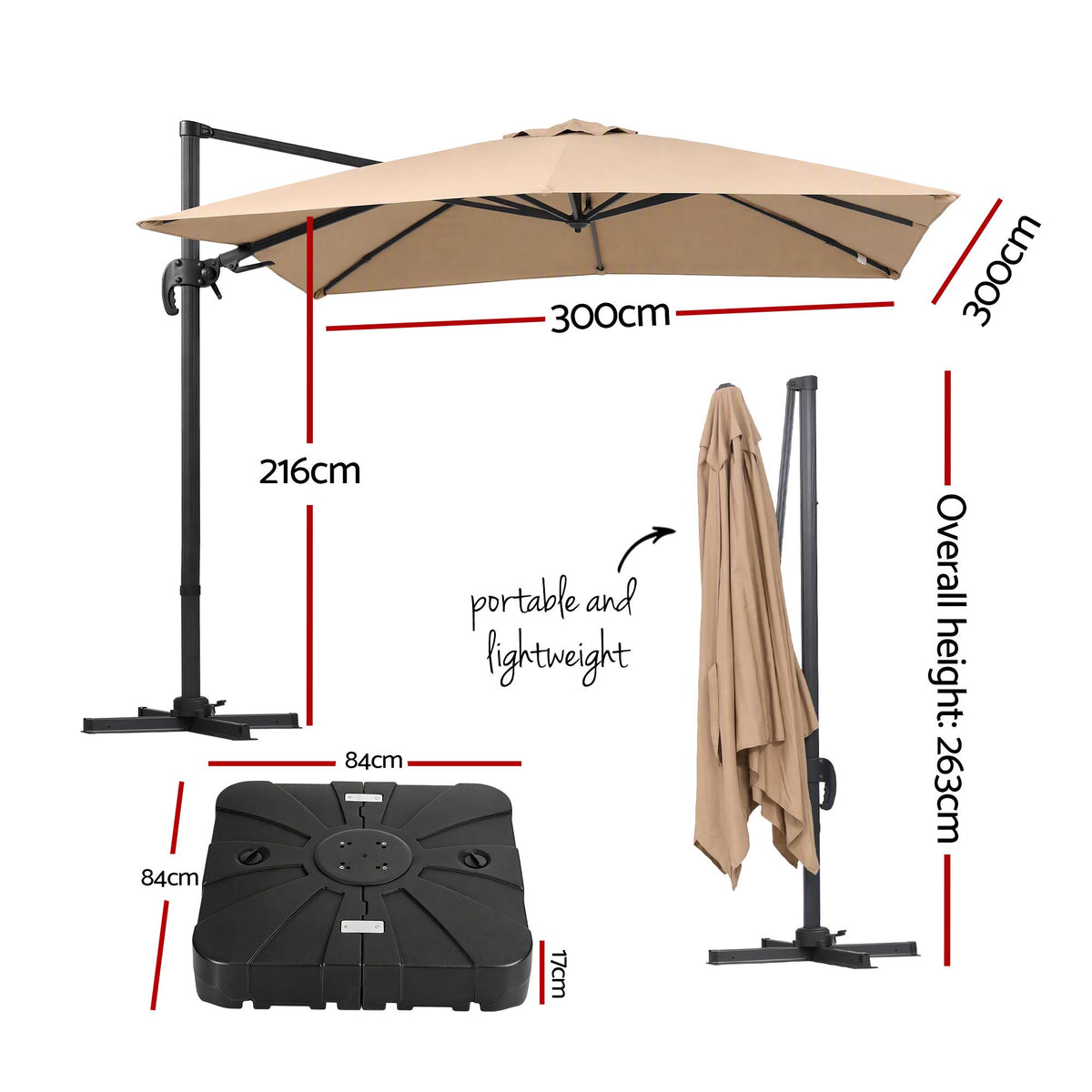 Instahut 3m Cantilever Umbrella with Base – Beige — canopy, height and base dimension diagram