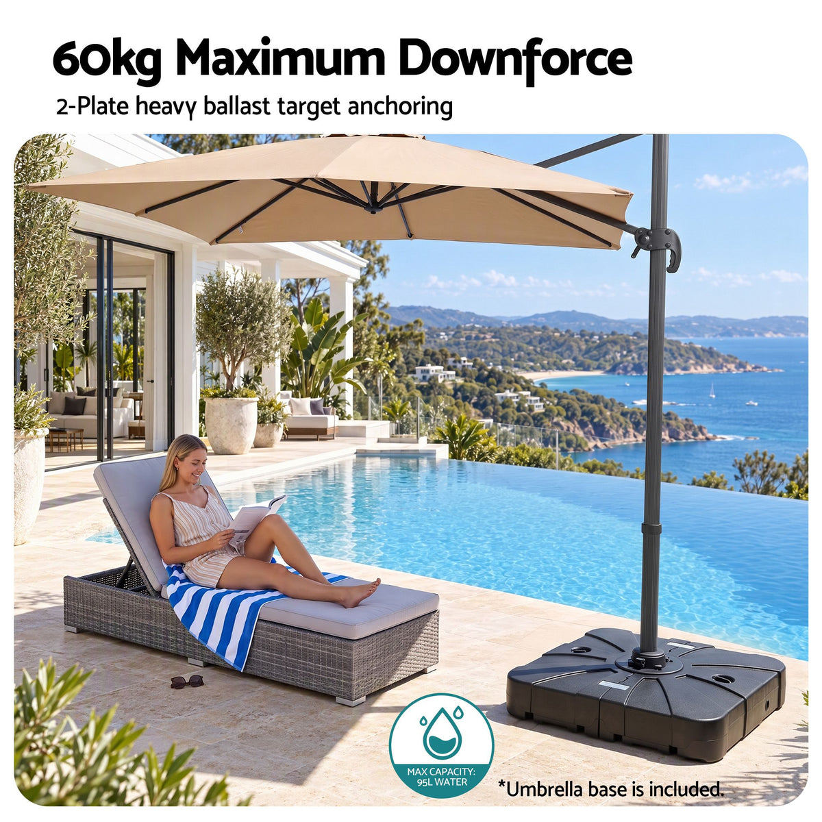 Instahut 3m Cantilever Umbrella with Base – Beige — poolside umbrella scene with ballast infographic