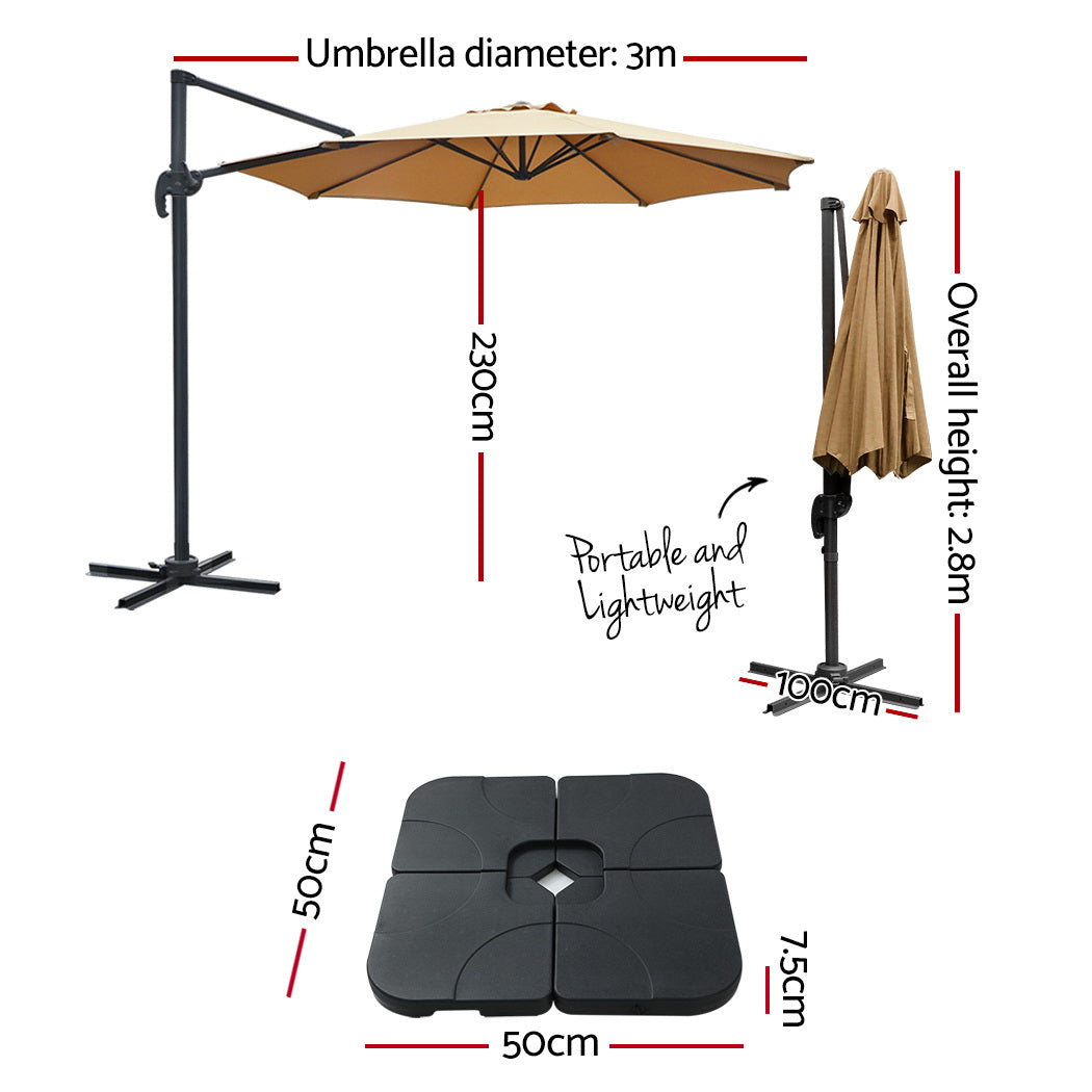 Instahut 3m Outdoor Umbrella w/Base Cantilever Beach Roma 360 Degree Tilt