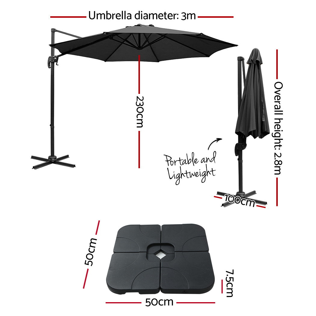 Instahut 3m Outdoor Umbrella w/Base Cantilever Beach Roma 360 Degree Tilt