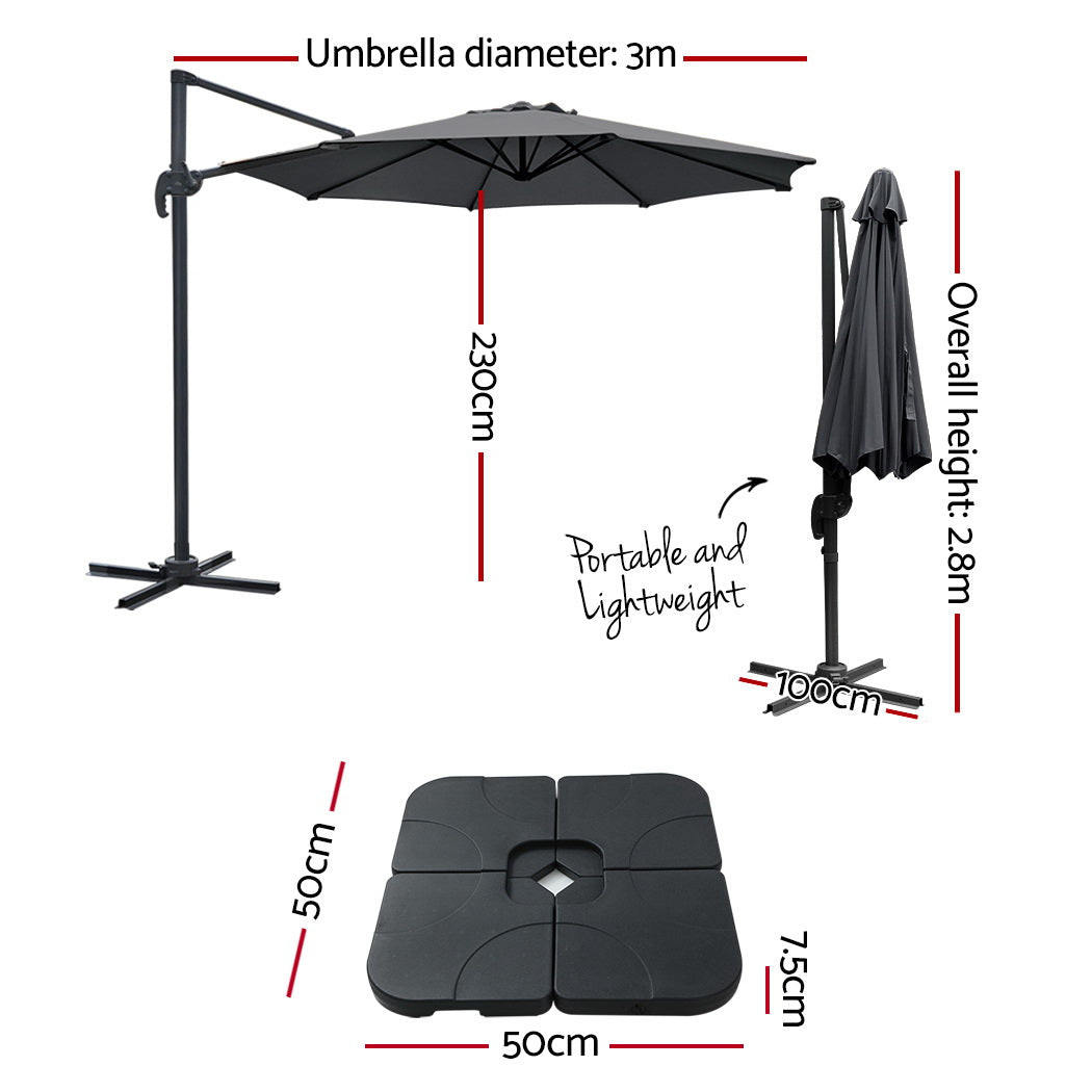 Instahut 3m Outdoor Umbrella w/Base Cantilever Beach Roma 360 Degree Tilt