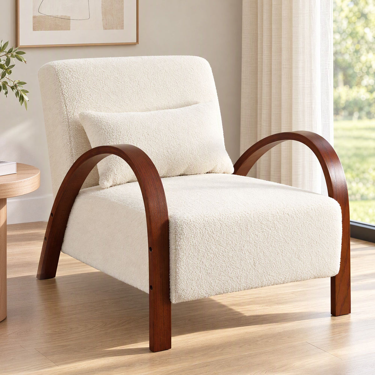 TWSC Teddy Fabric Armchair with Bentwood Arms – Beige — beige armchair with curved wood arms in a furnished room