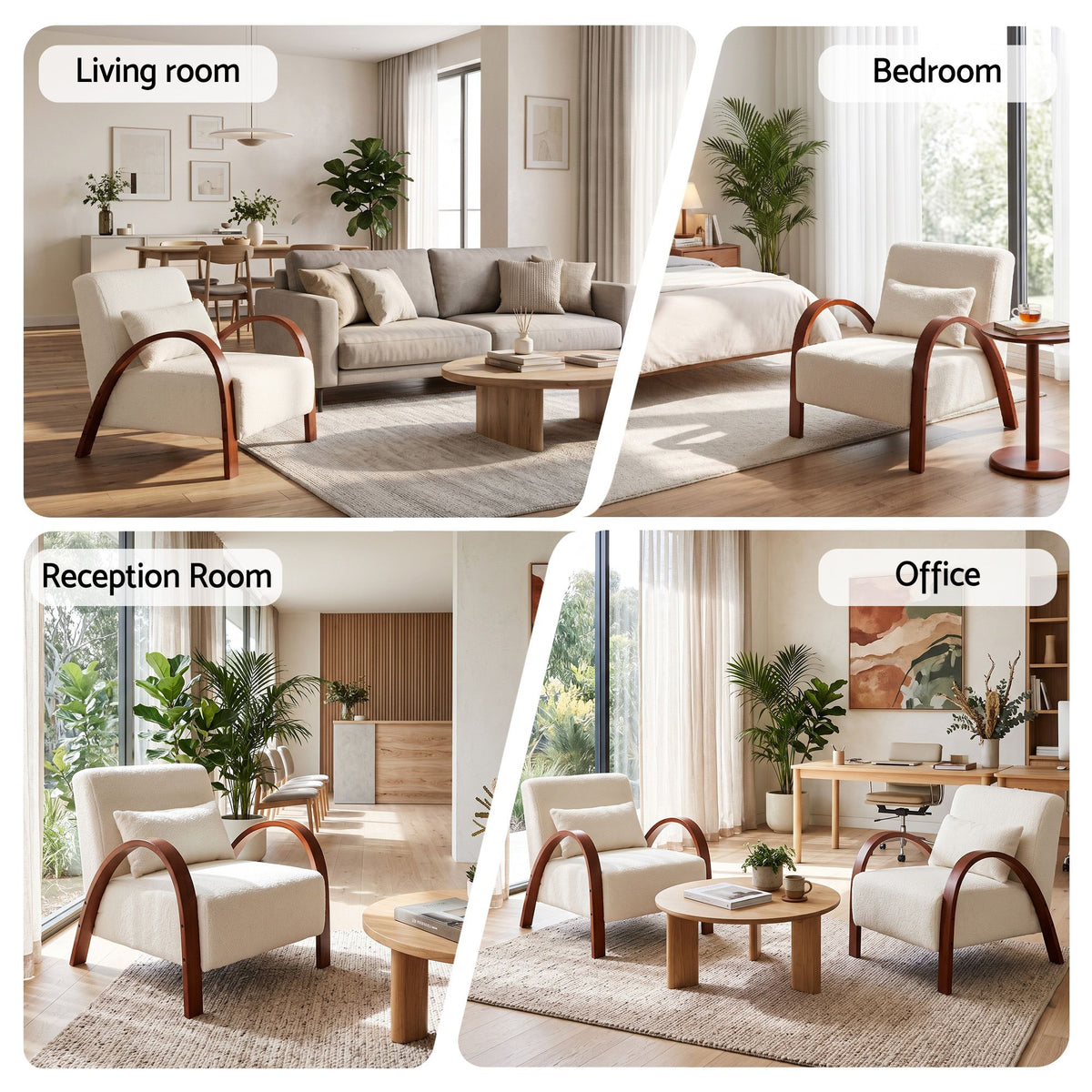 TWSC Teddy Fabric Armchair with Bentwood Arms – Beige — living room, bedroom, reception and office setting collage