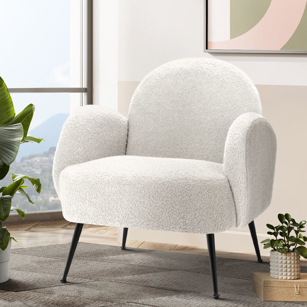 Hanes Armchair – Sherpa Upholstery, White, Steel Legs