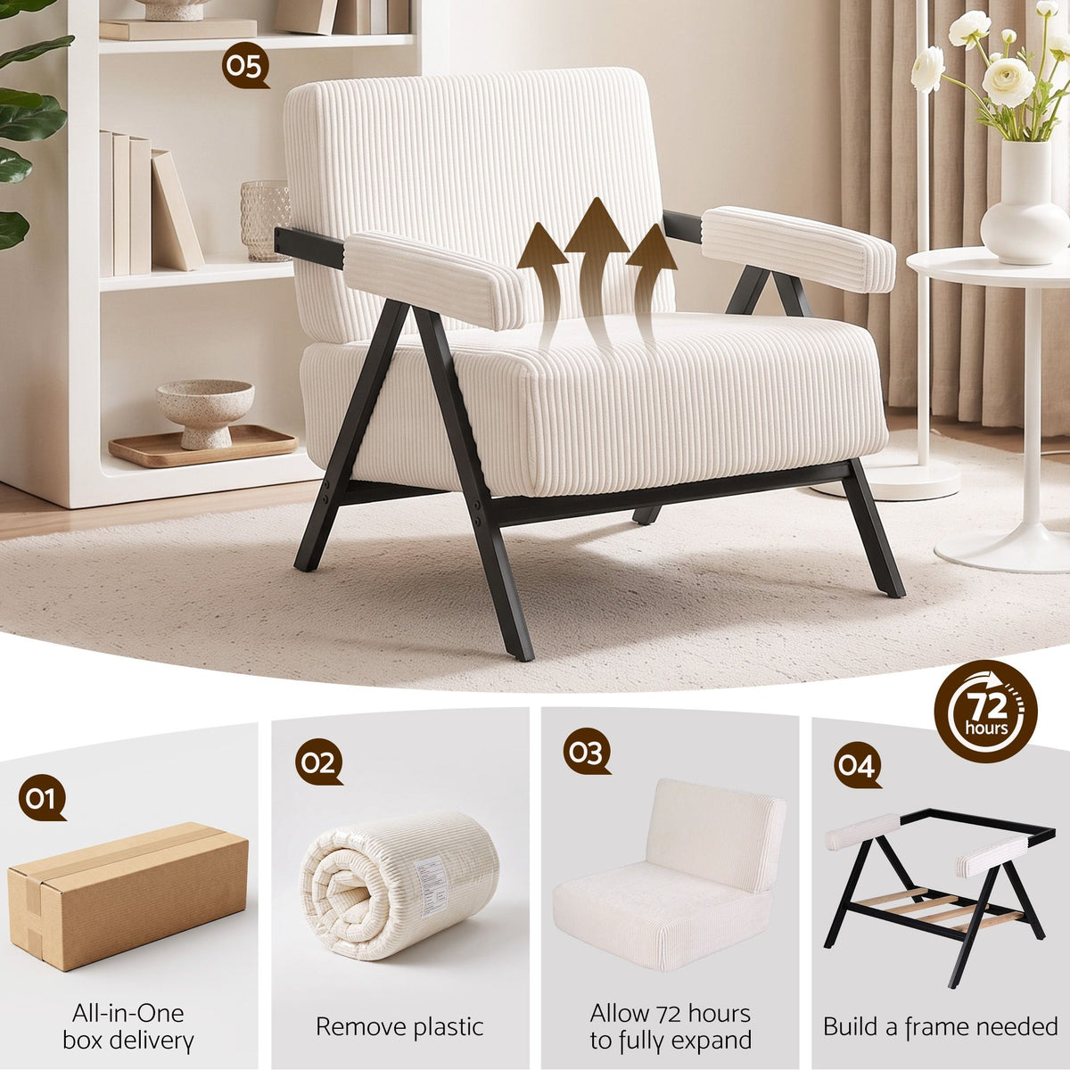 TWSC Compressed Armchair White Corduroy Accent Chair for Small Space