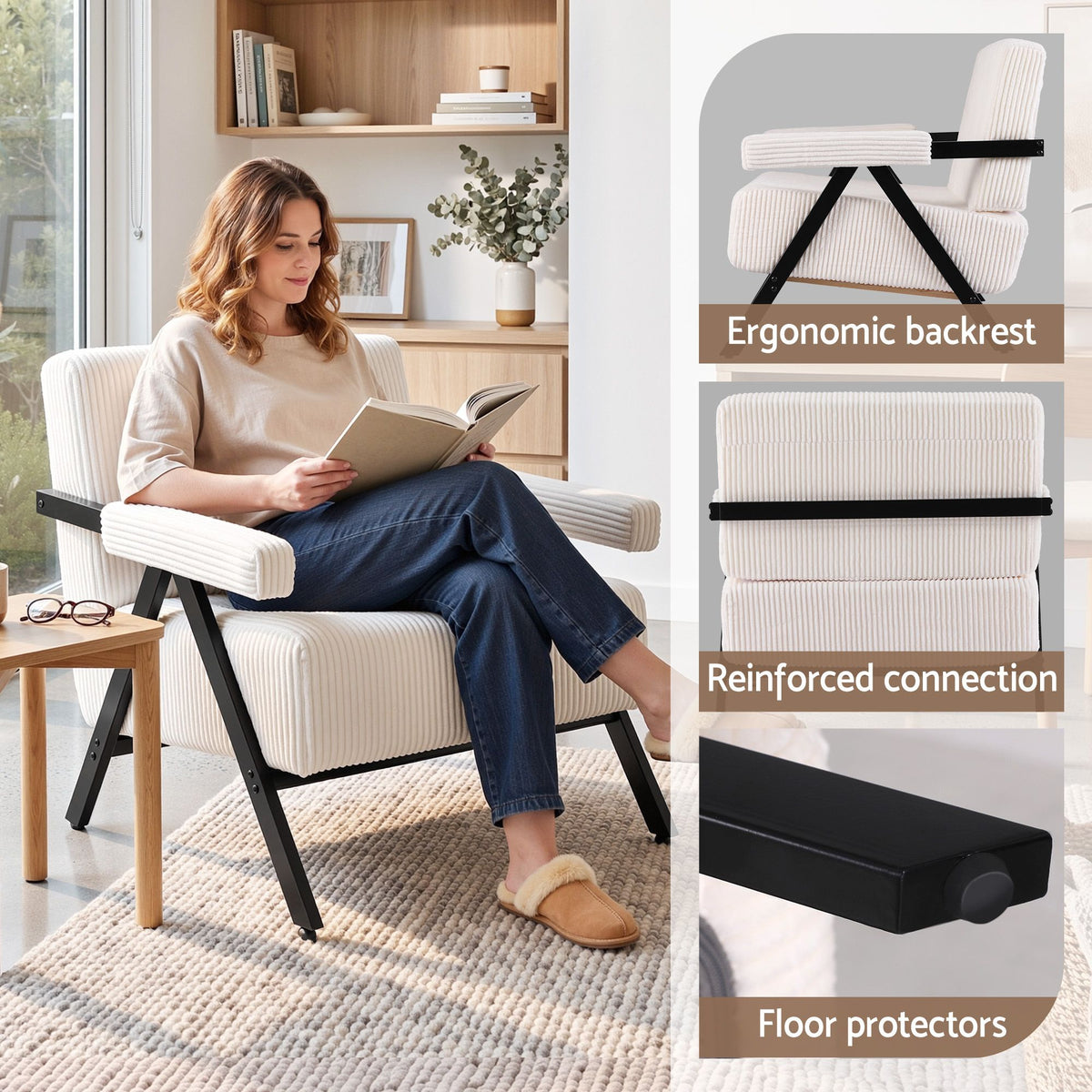 TWSC Compressed Armchair White Corduroy Accent Chair for Small Space