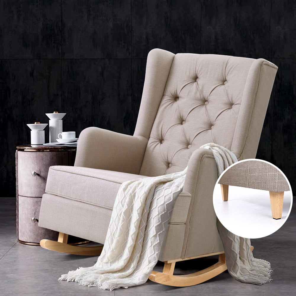 TWSC Rocking Chair Armchair Linen Fabric Beige Gaia