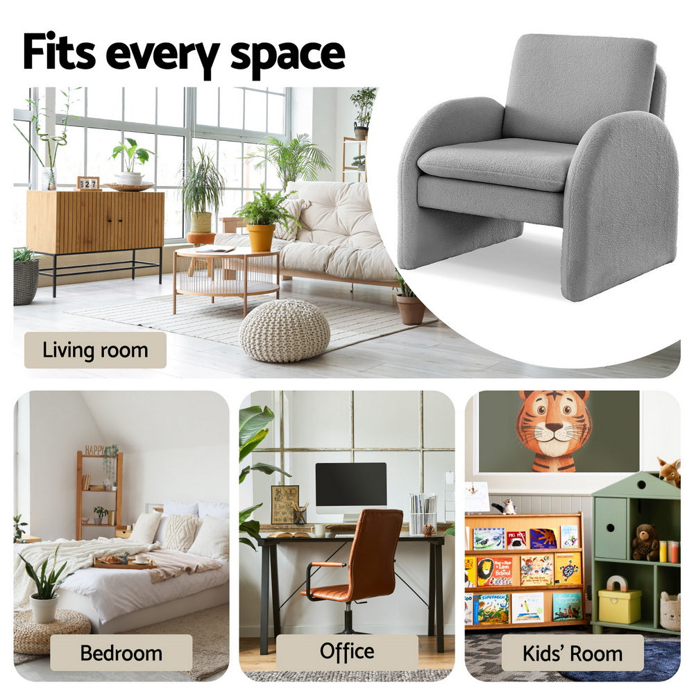 Armchair Accent Chair – Curved Arm, Grey Boucle Upholstery