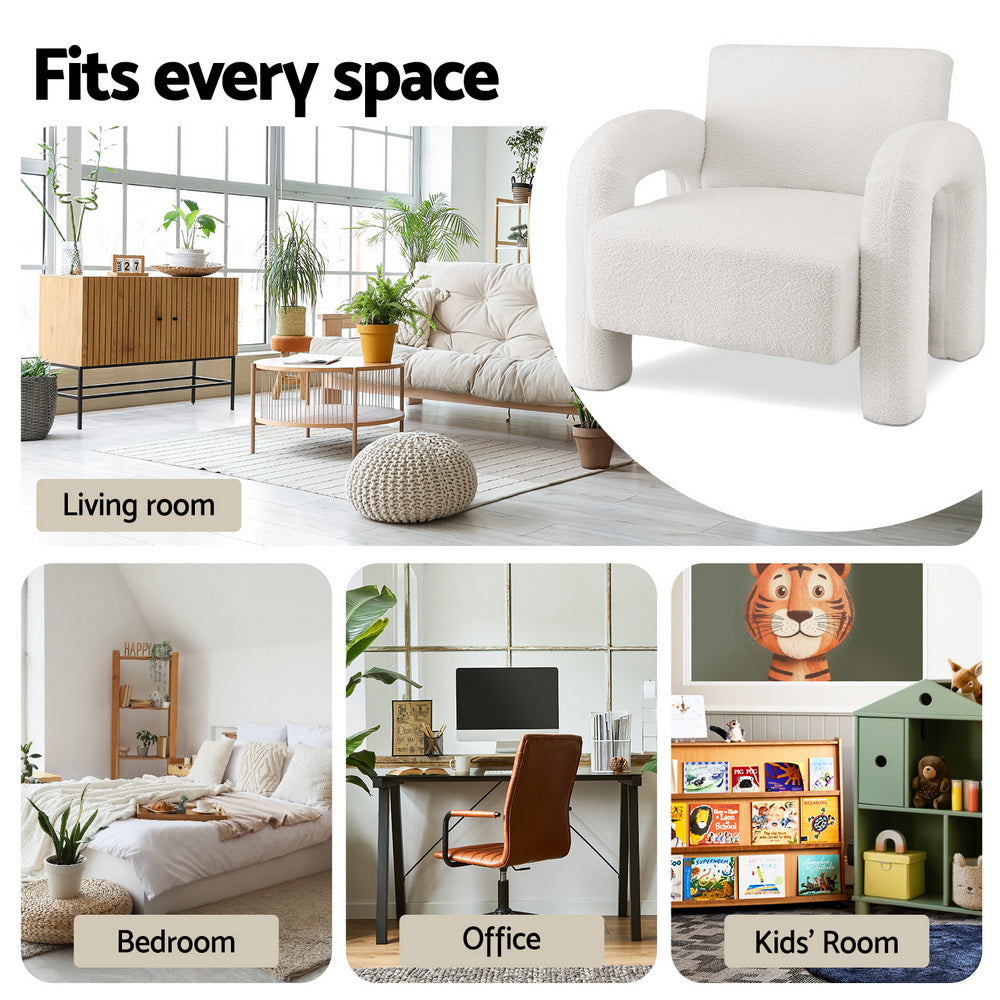 Armchair Accent Chair – Curved Seat, White Boucle Upholstery