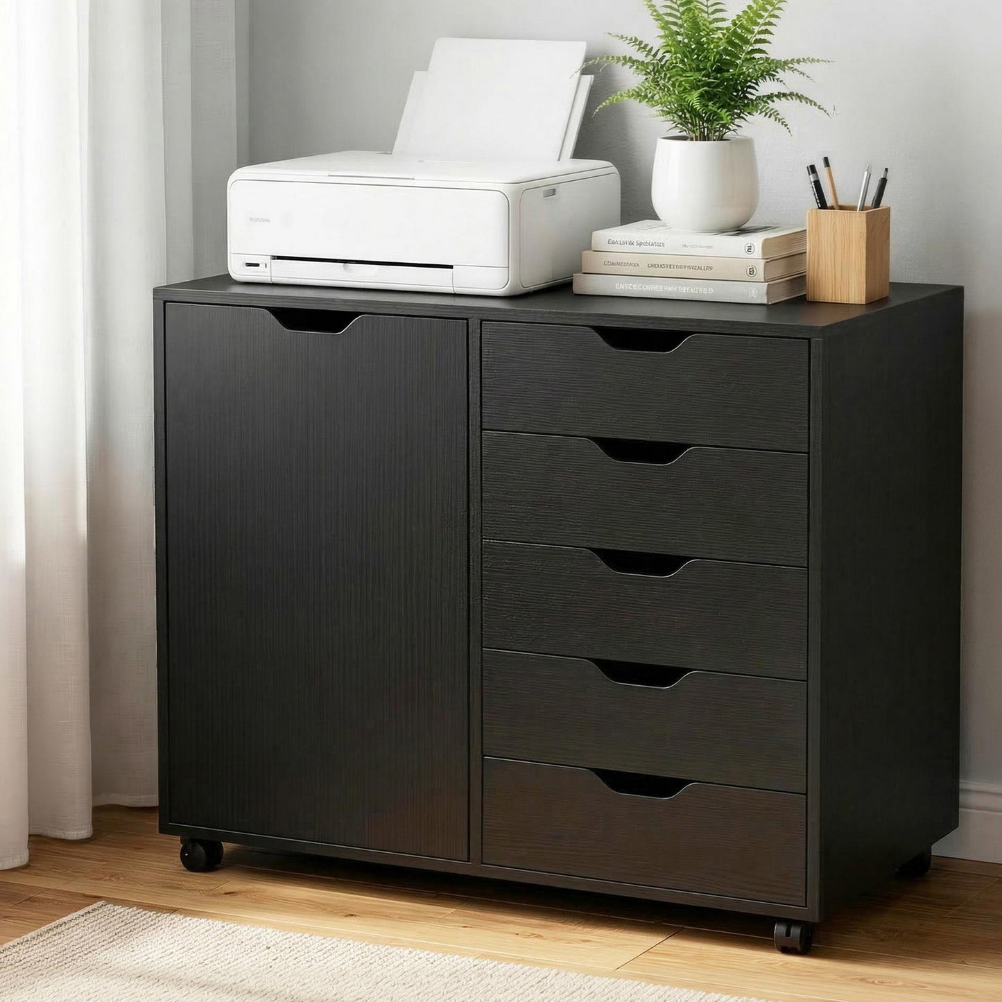 Mobile Filing Cabinet – 5 Drawers with Door, Black Storage Cabinet