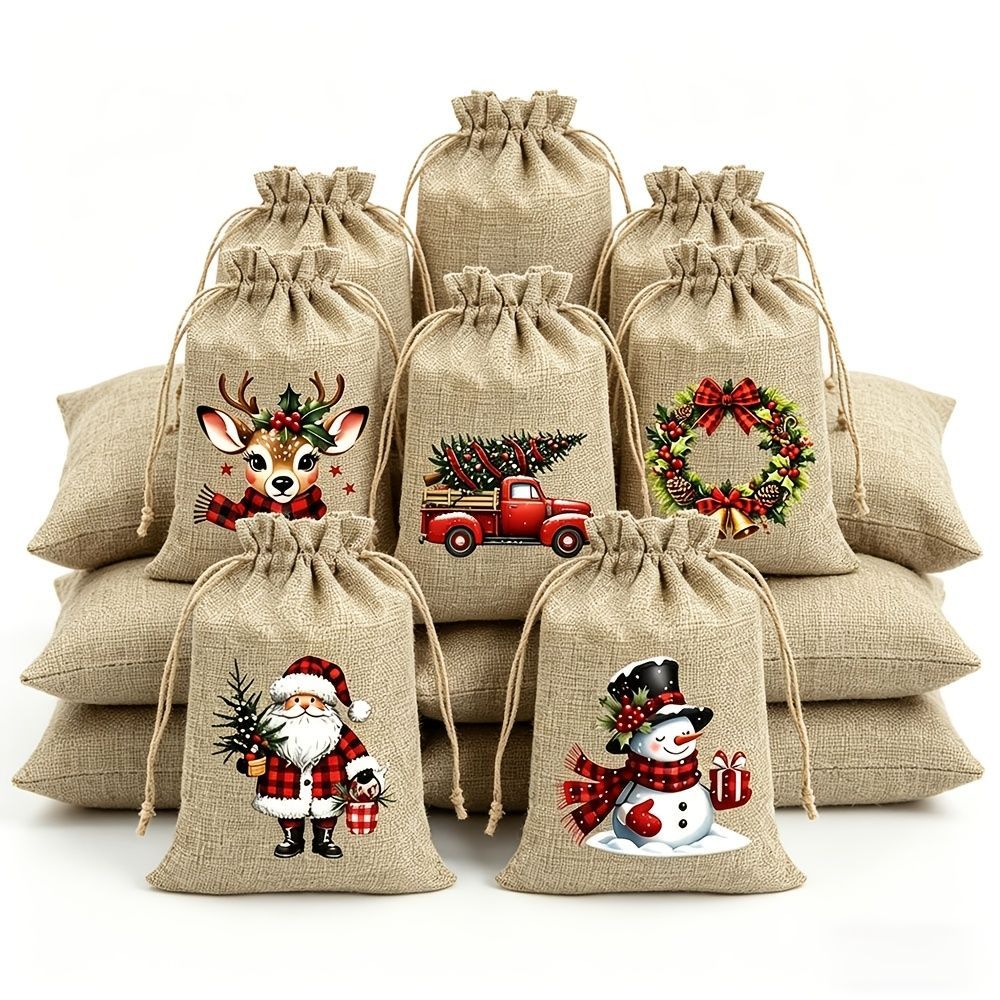 Christmas Gift Bags Linen Gift Bags Drawstring Gift Bags Reusable Gift Bags - Original hemp color - Size 10-15CM