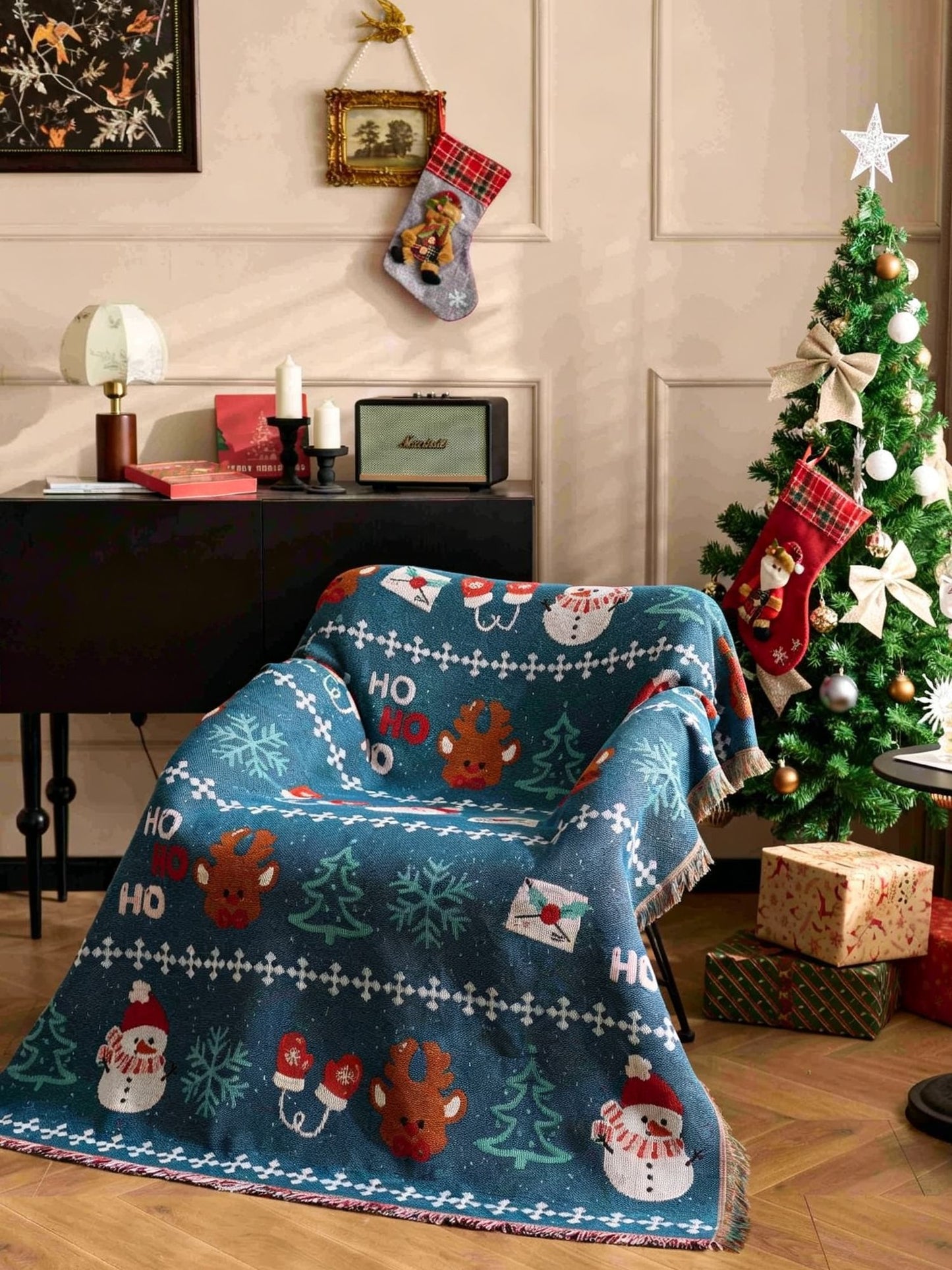 Multi‑Functional Festive Tapestry Throw Blanket, For Christmas & Halloween Home Ornament, Soft Lunch Break Rest Blanket, Black Cat With Hat Halloween Pattern, 157x130cm