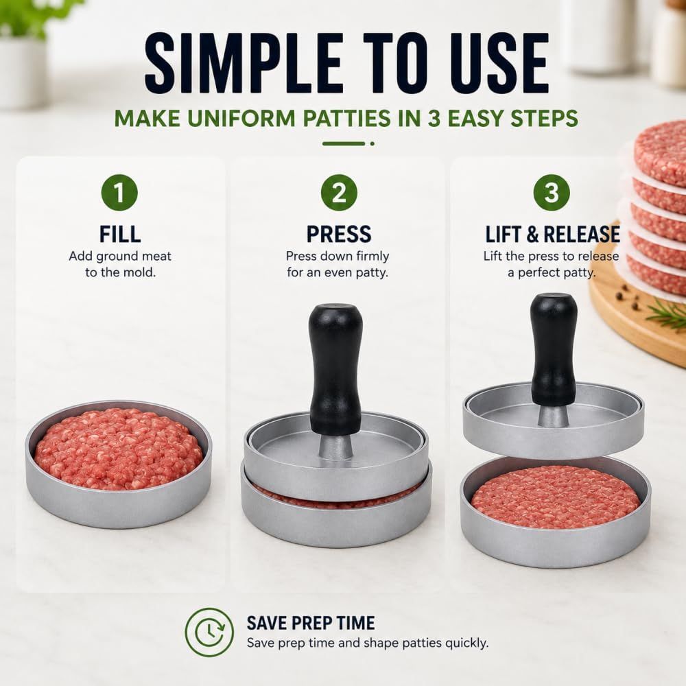 Aluminum Wooden Handle Hamburger Press - 170g Meat Patty Maker with Non-Stick Surface - Burger Press for Kitchen BBQ - Red Wood Handle Matte