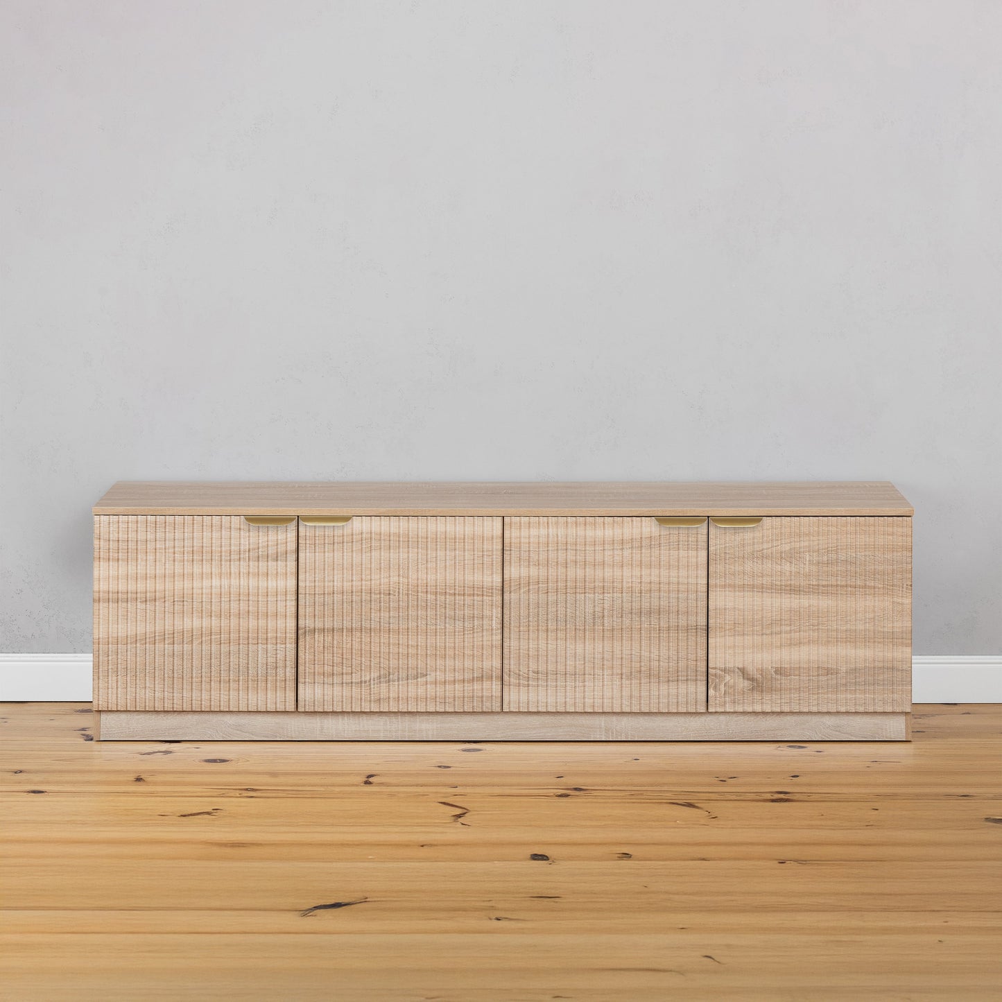 BUCHAREST TV UNIT - NATURAL OAK - SLIM & FLUTED - BRASS & BLACK PULLS