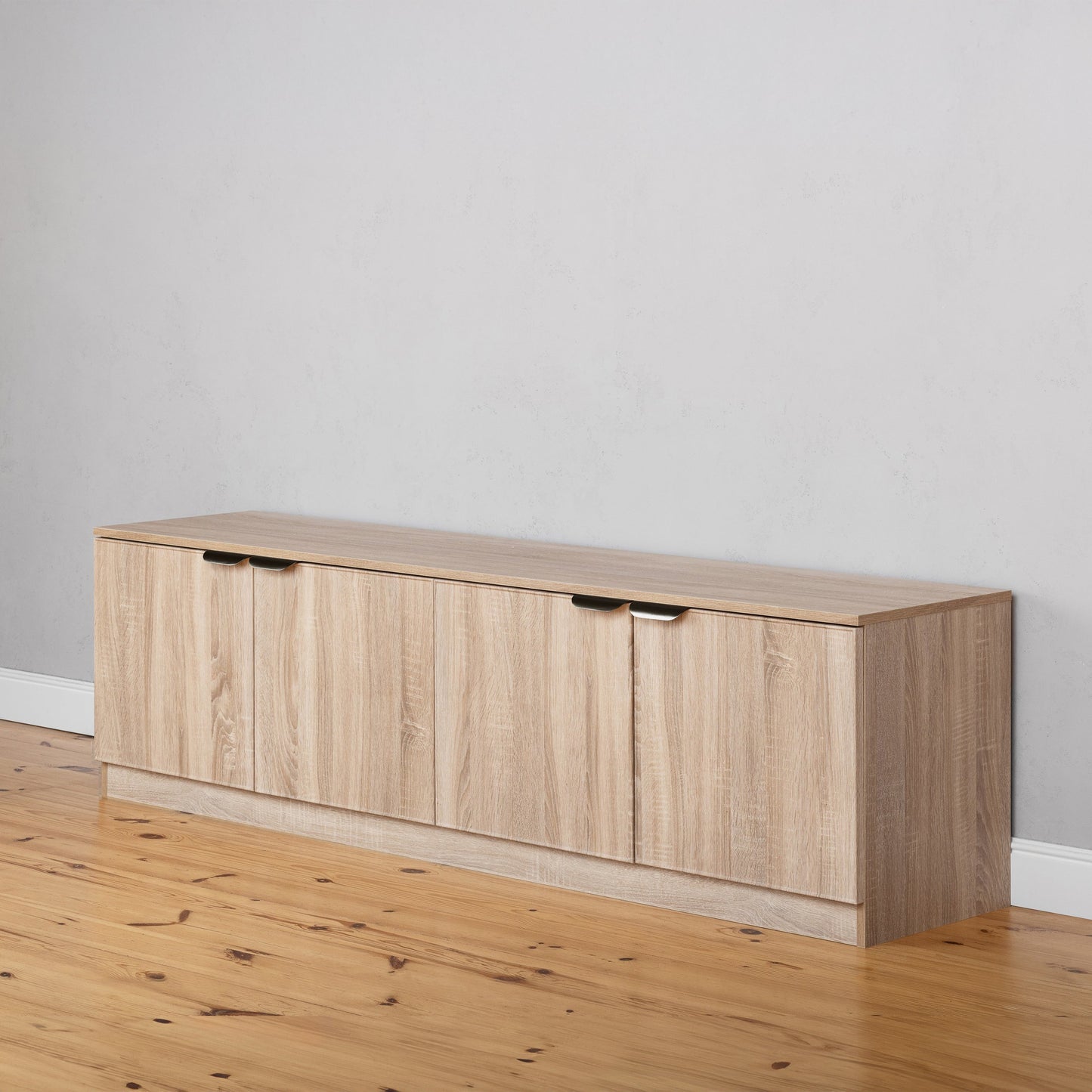 BUCHAREST TV UNIT - NATURAL OAK - SLIM & FLUTED - BRASS & BLACK PULLS