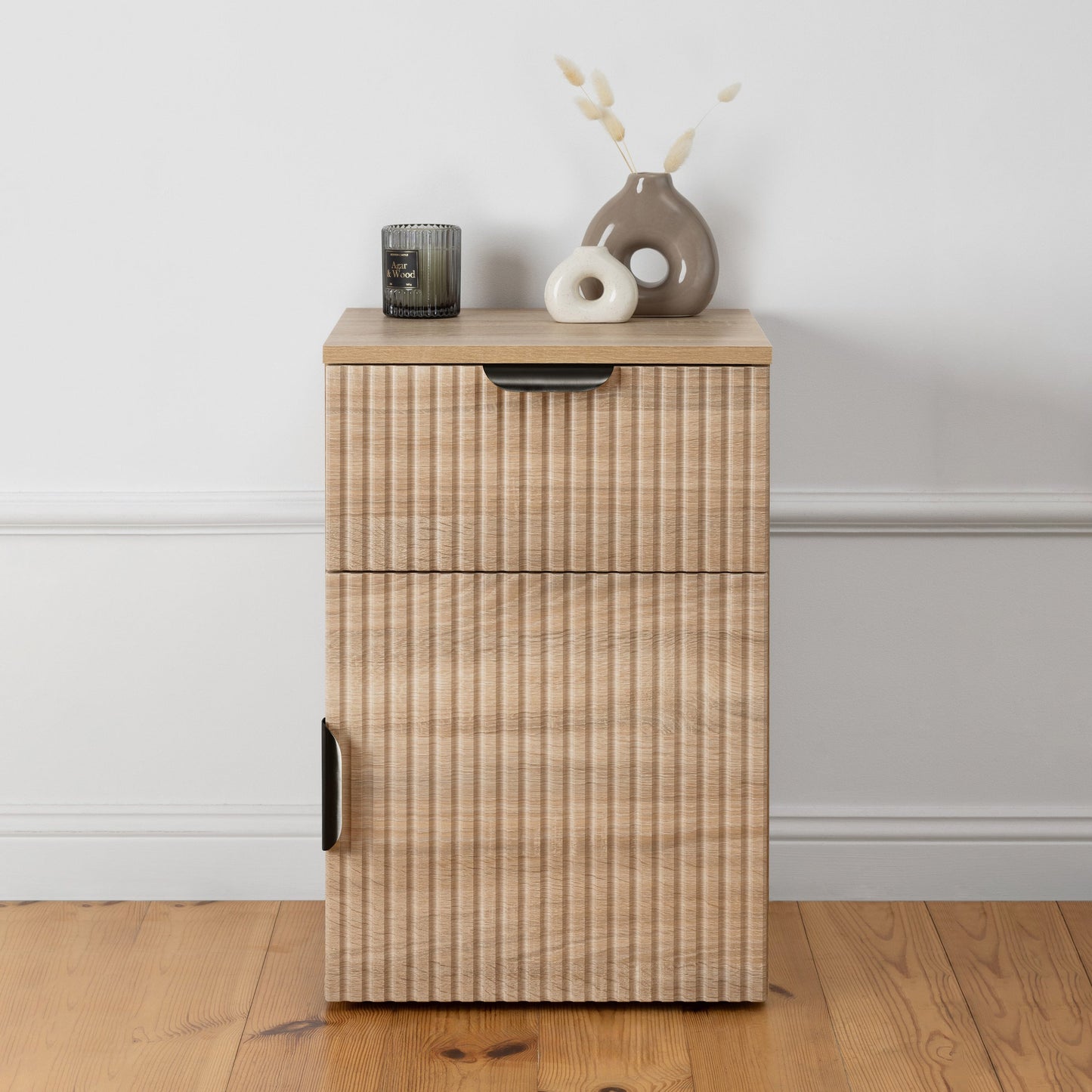 PORTO BEDSIDE TABLE - NATURAL OAK - SLIM & FLUTED - BRASS & BLACK OPTIONS