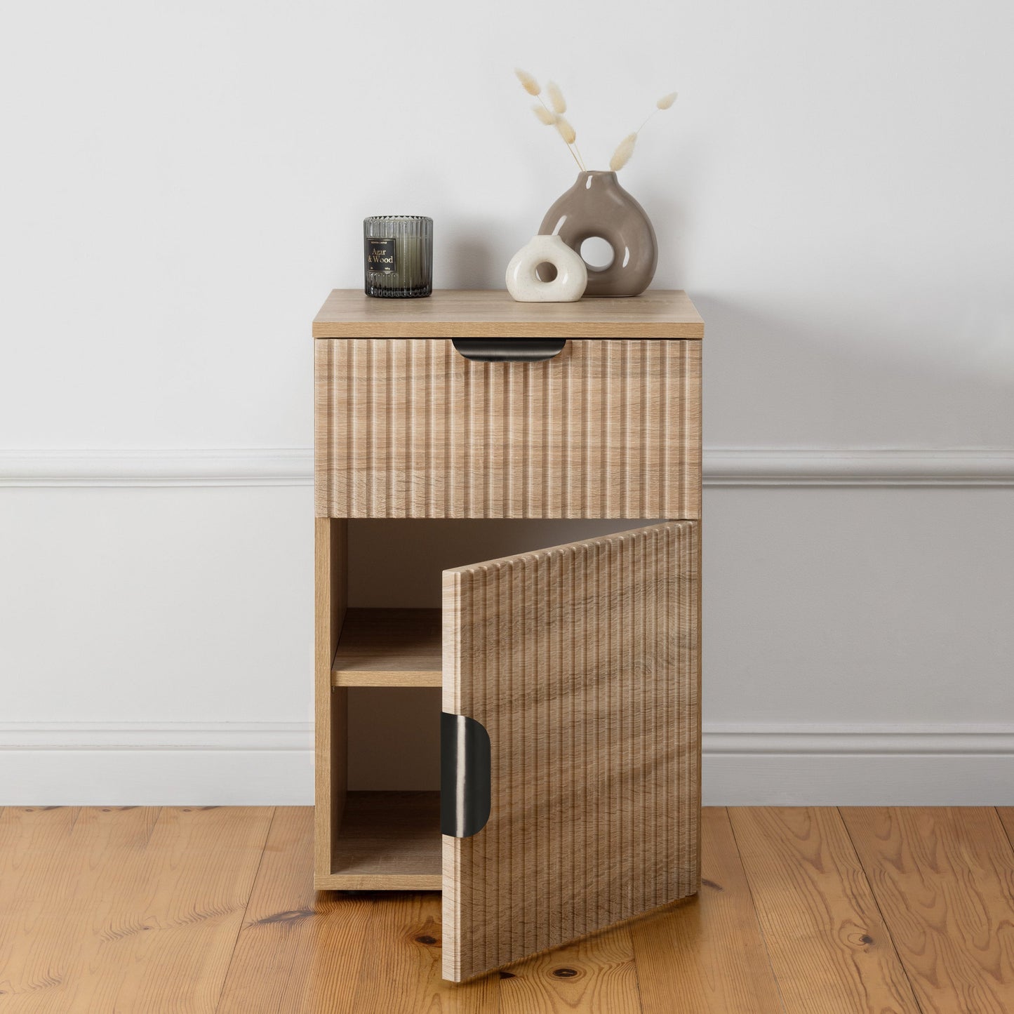 PORTO BEDSIDE TABLE - NATURAL OAK - SLIM & FLUTED - BRASS & BLACK OPTIONS