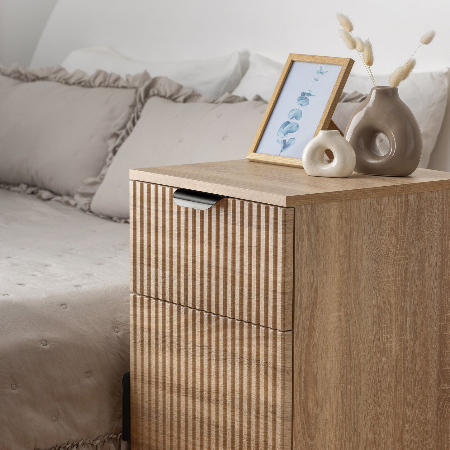 PORTO BEDSIDE TABLE - NATURAL OAK - SLIM & FLUTED - BRASS & BLACK OPTIONS