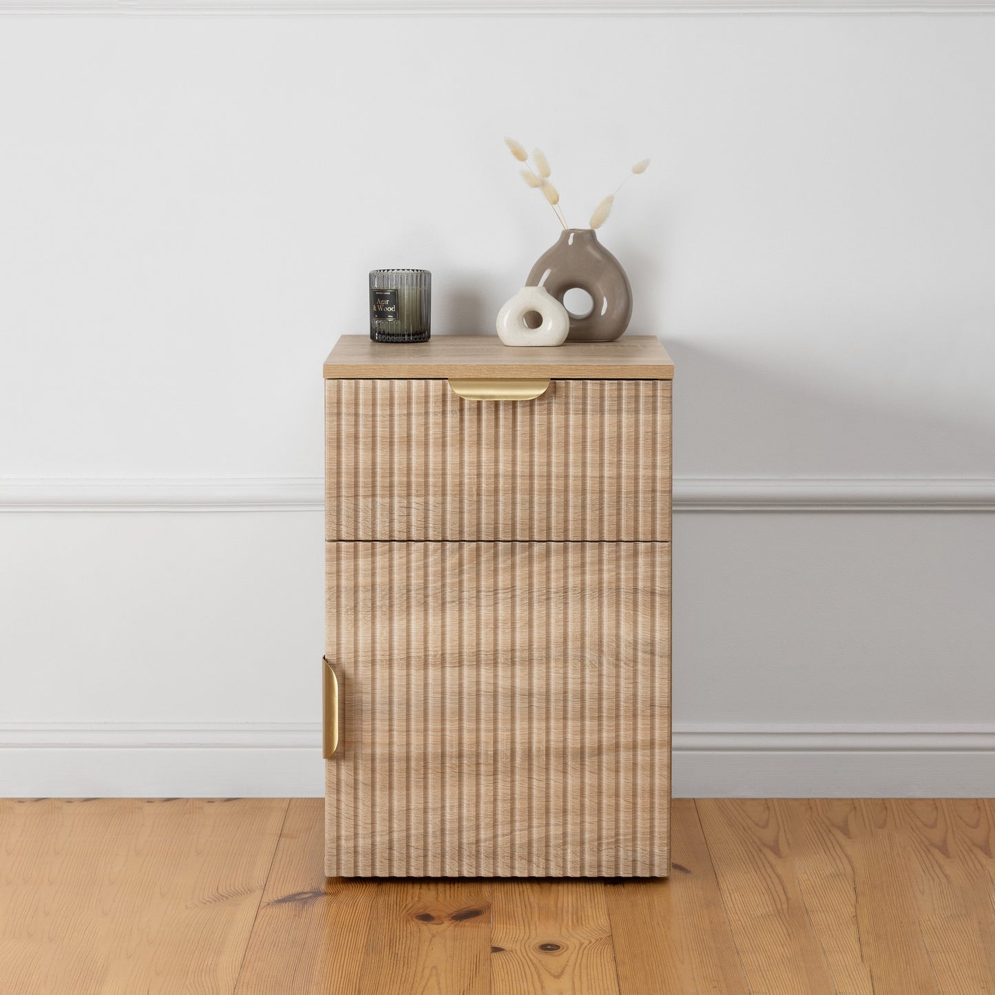 PORTO BEDSIDE TABLE - NATURAL OAK - SLIM & FLUTED - BRASS & BLACK OPTIONS